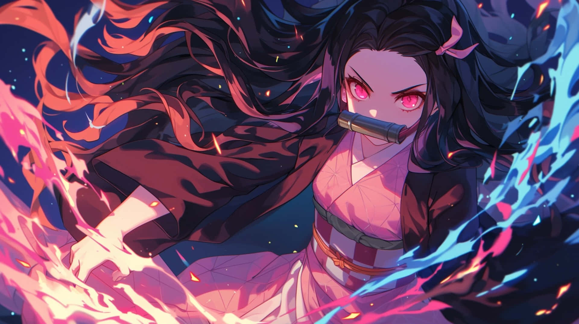Nezuko Demon Form, glowing red eyes, sword, Full HD Desktop Wallpaper