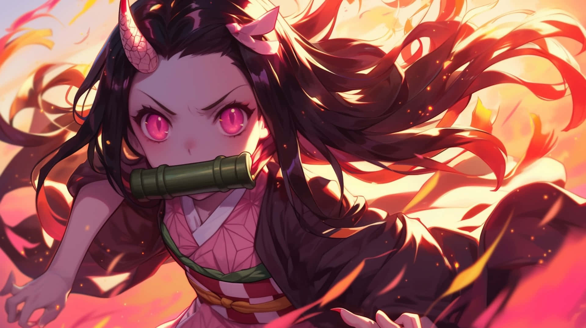Nezuko Demon Form, pink eyes, horns, Full HD Desktop Wallpaper