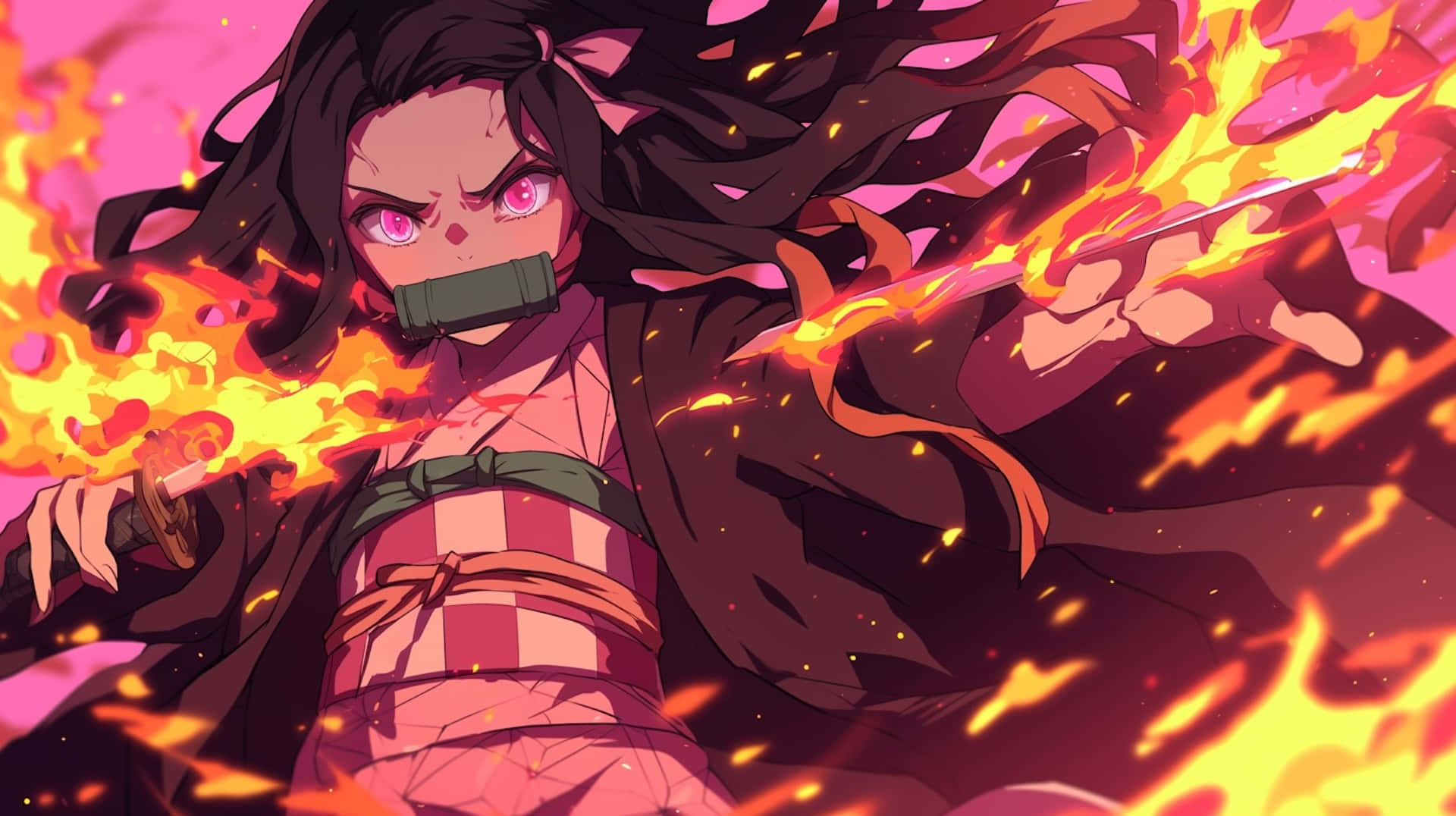 Nezuko Demon Form, flaming sword, pink eyes, Full HD Desktop Wallpaper