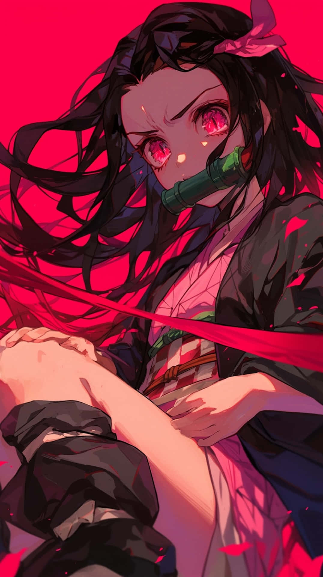 Nezuko Demon Form, glowing red eyes, black hair, Full HD Phone Wallpaper