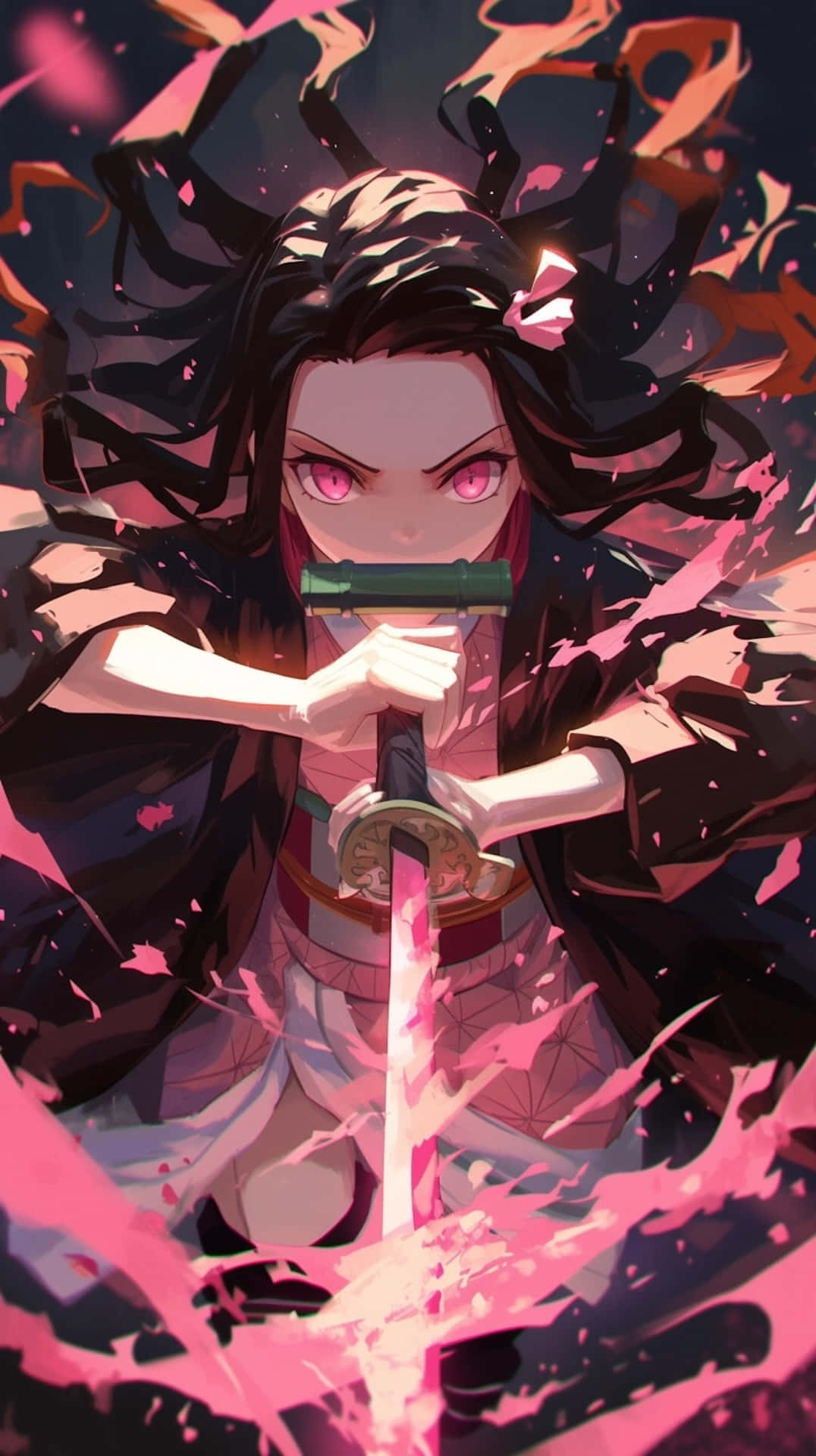 Nezuko Demon Form, glowing pink eyes, swirling pink energy, Full HD Phone Wallpaper
