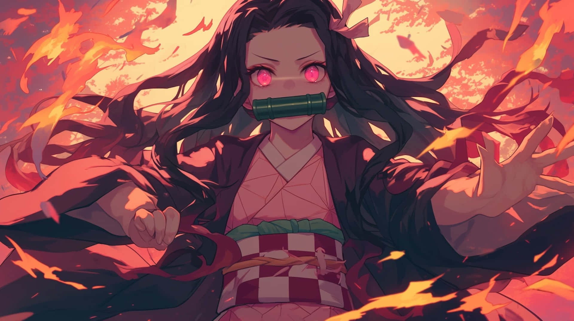 Nezuko Demon Form, glowing pink eyes, bamboo mask, Full HD Desktop Wallpaper