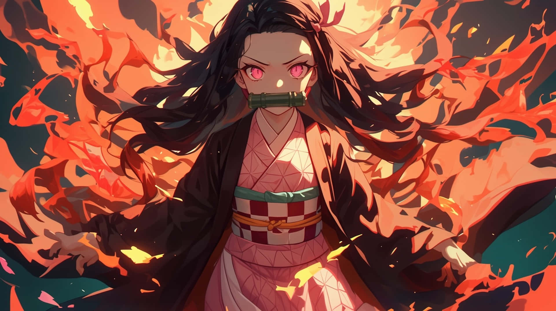 Nezuko Demon Form, pink eyes, bamboo gag, Full HD Desktop Wallpaper