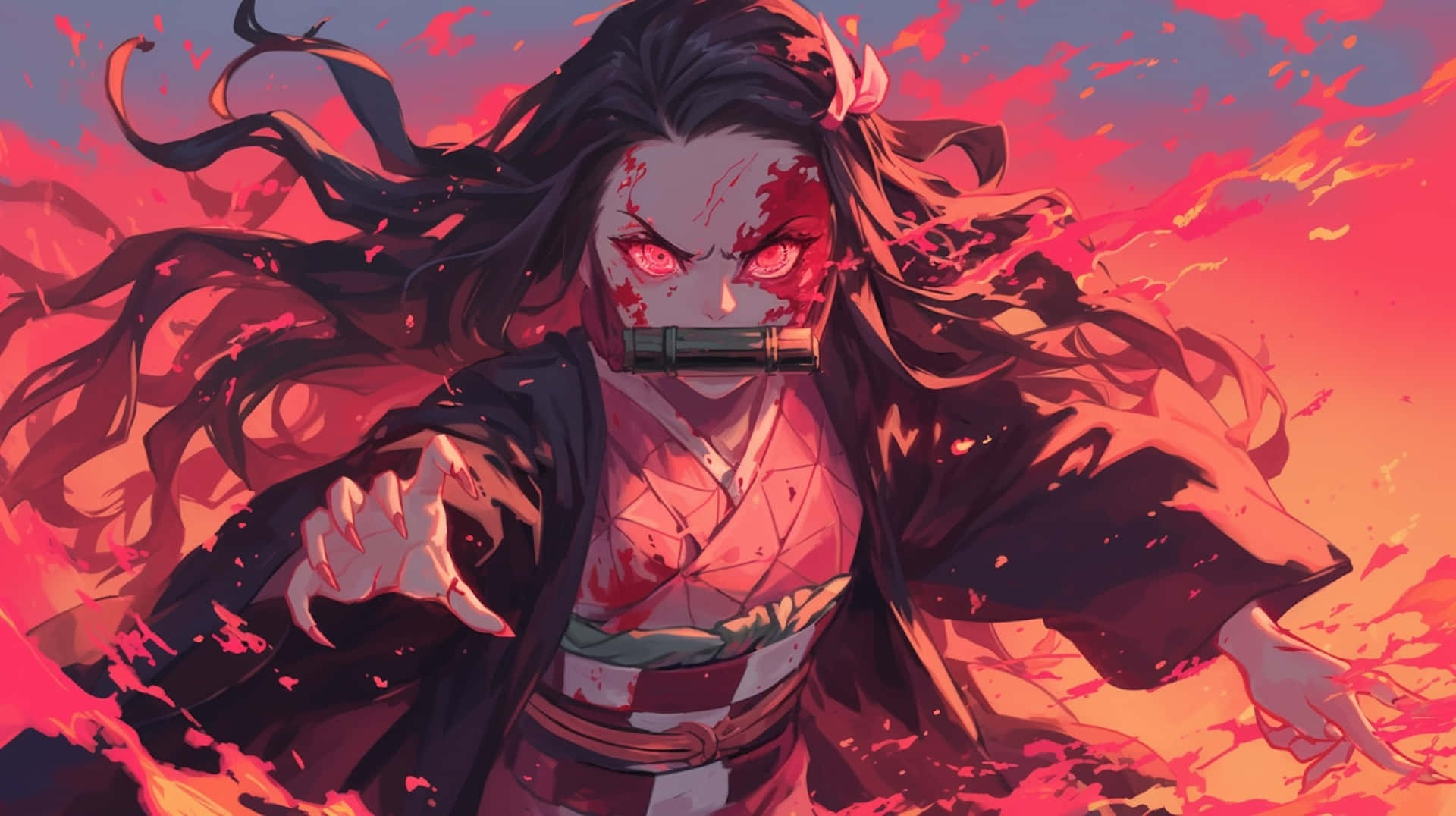 Nezuko Demon Form, glowing red eyes, bloodied face, Full HD Desktop Wallpaper