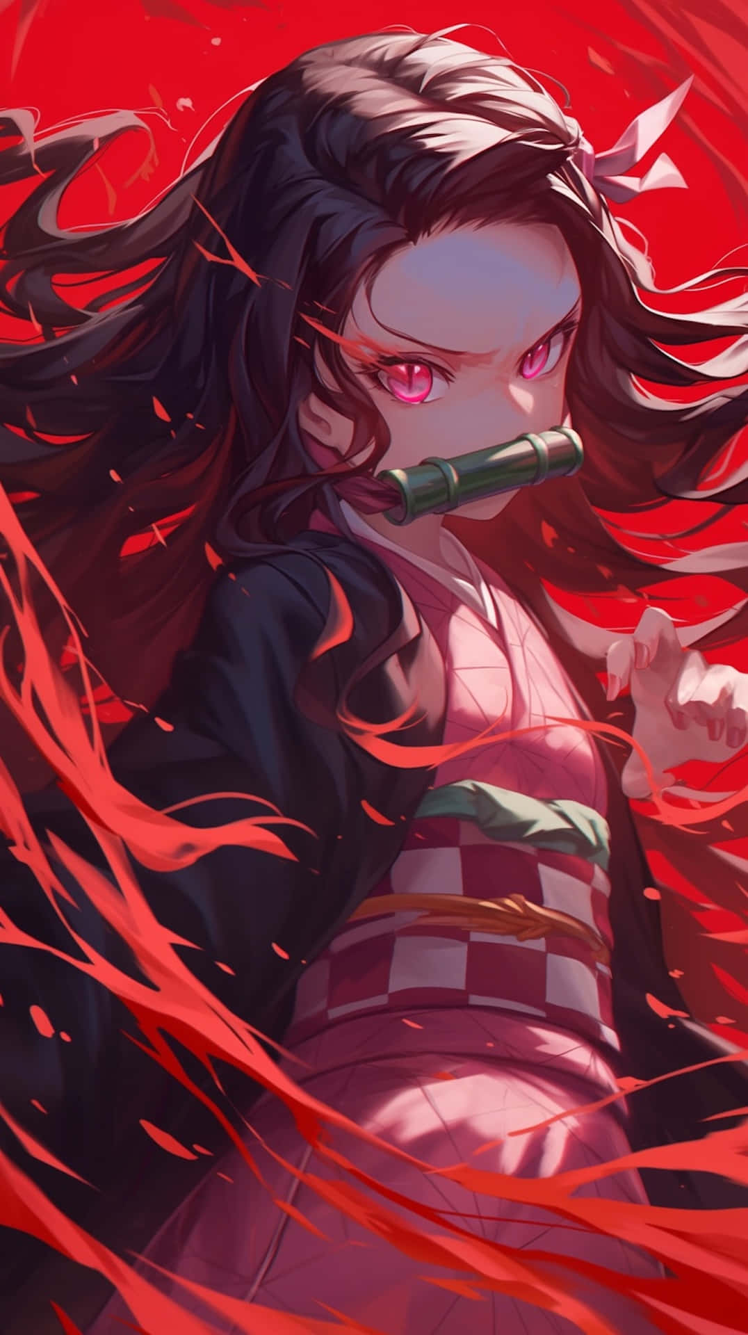 Nezuko Demon Form, glowing red eyes, flowing dark hair, Full HD Phone Wallpaper