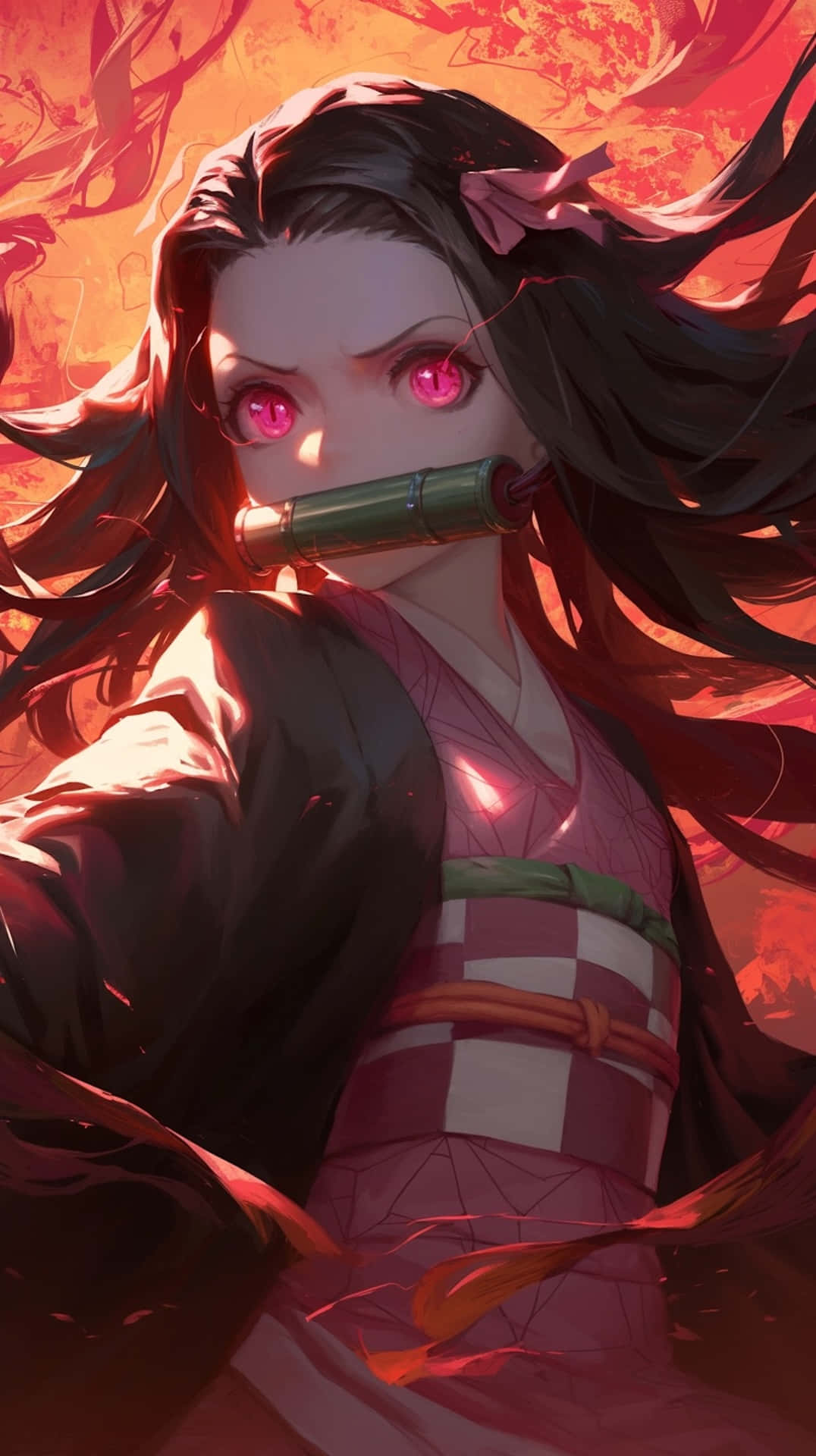 Nezuko Demon Form, glowing pink eyes, bamboo gag, Full HD Phone Wallpaper