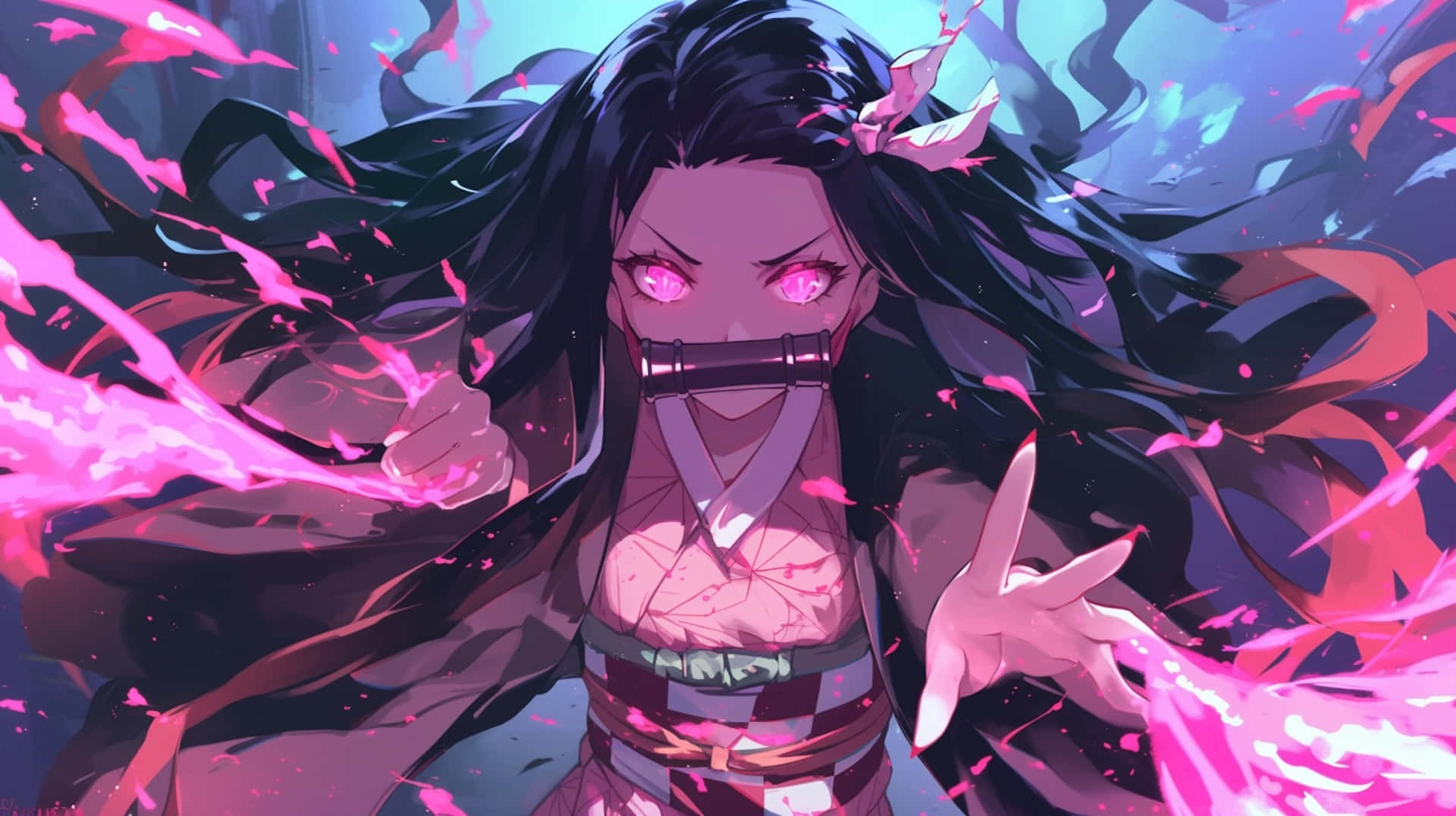 Nezuko Demon Form, glowing pink eyes, flowing black hair, Full HD Desktop Wallpaper