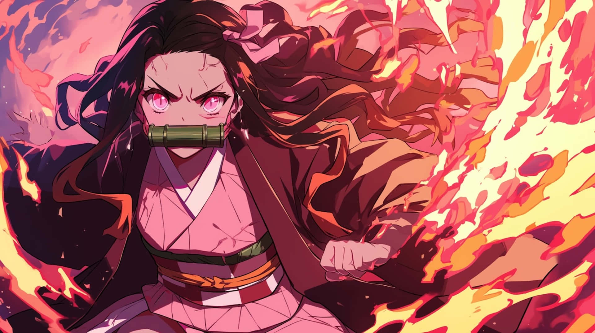 Nezuko Demon Form, glowing pink eyes, flowing dark hair, Full HD Desktop Wallpaper