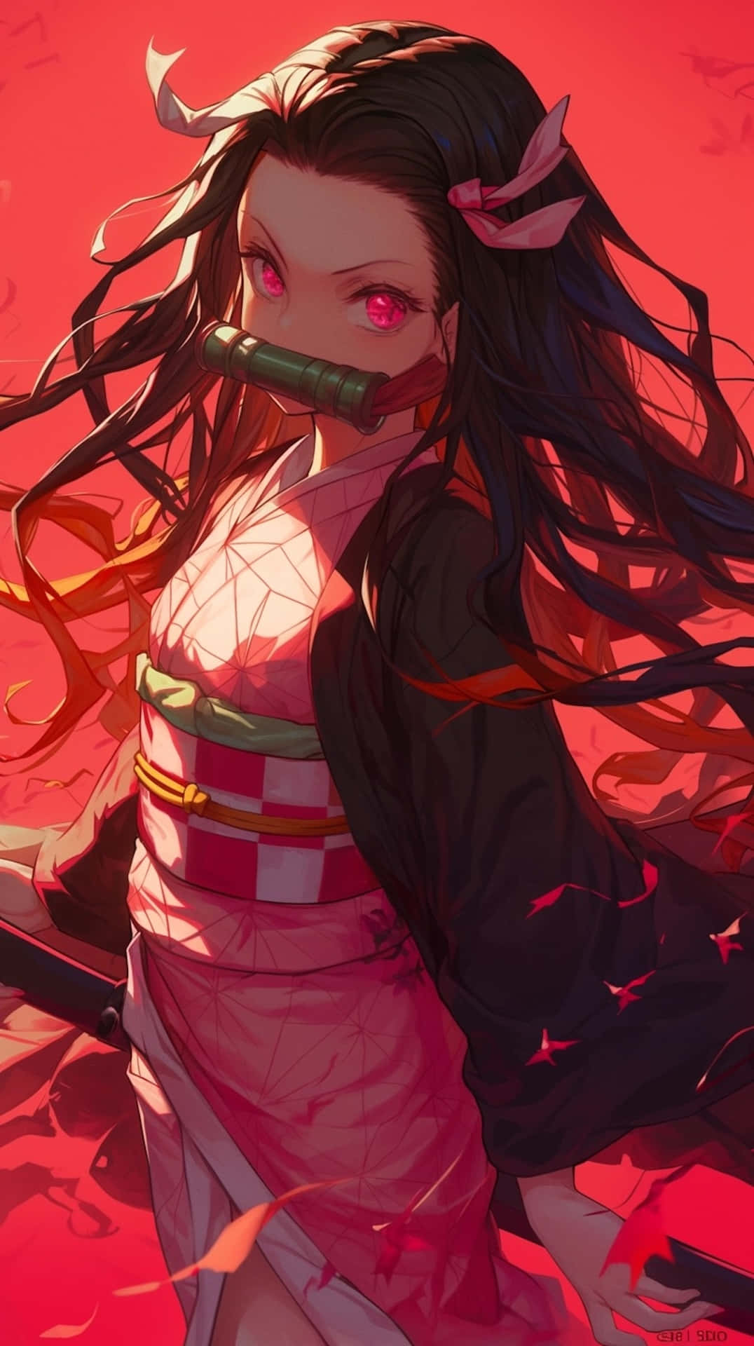 Nezuko Demon Form, glowing red eyes, long dark hair, Full HD Phone Wallpaper