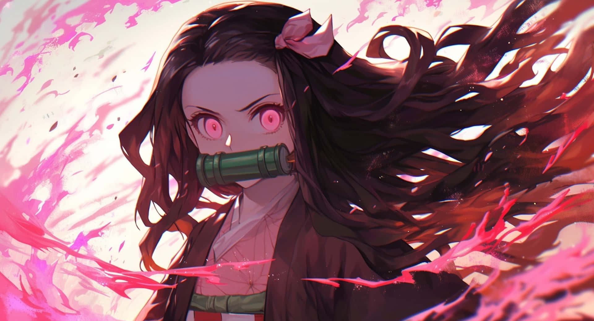 Nezuko Demon Form, pink eyes, dark hair, Full HD Desktop Wallpaper