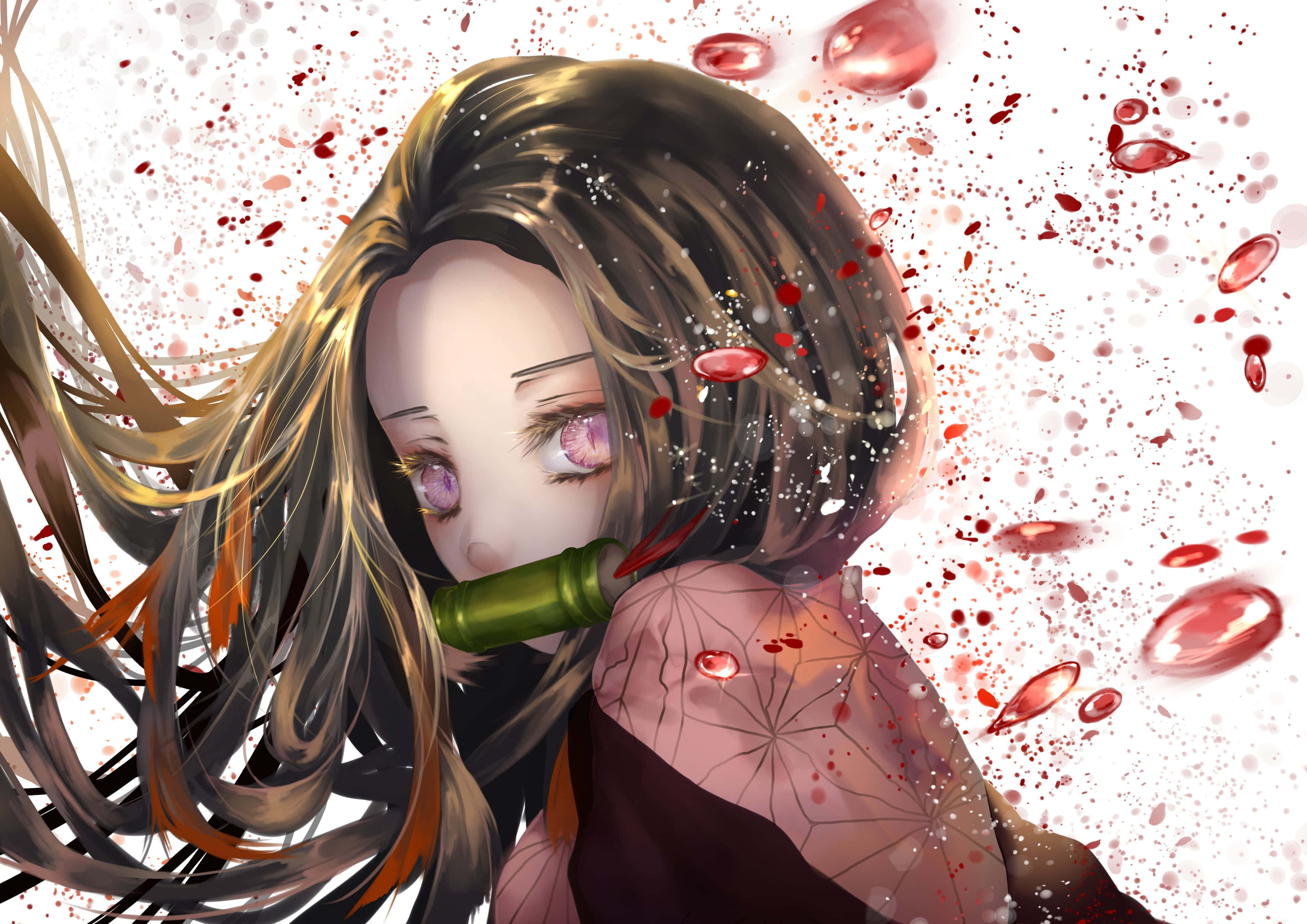 Nezuko, purple eyes, flowing hair, 2K Desktop Wallpaper