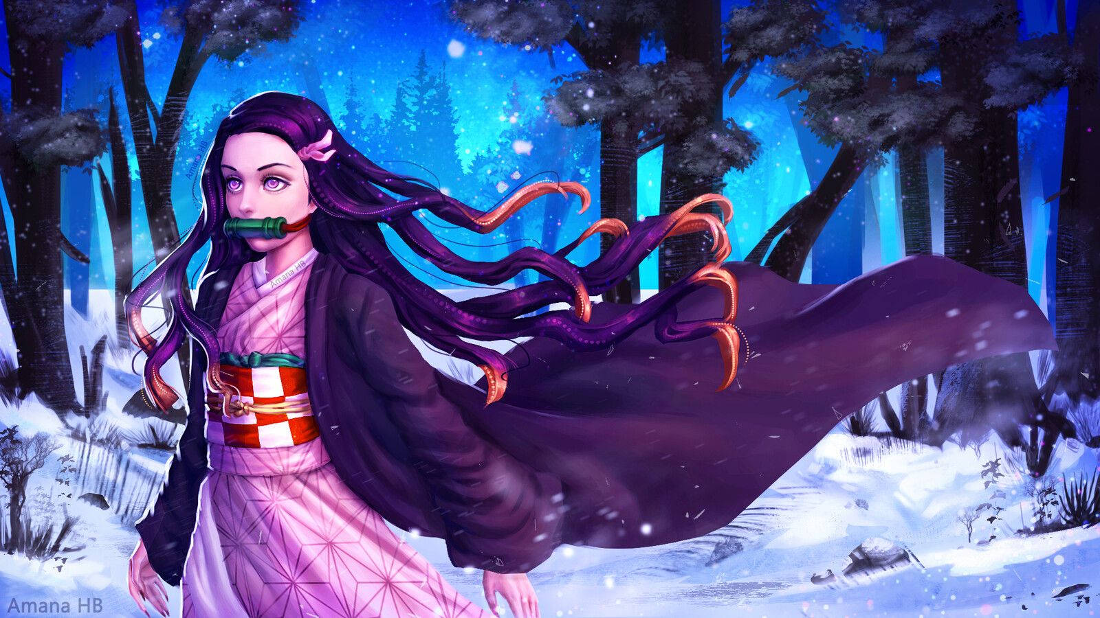 Nezuko, purple-haired, pink kimono, HD Desktop Wallpaper