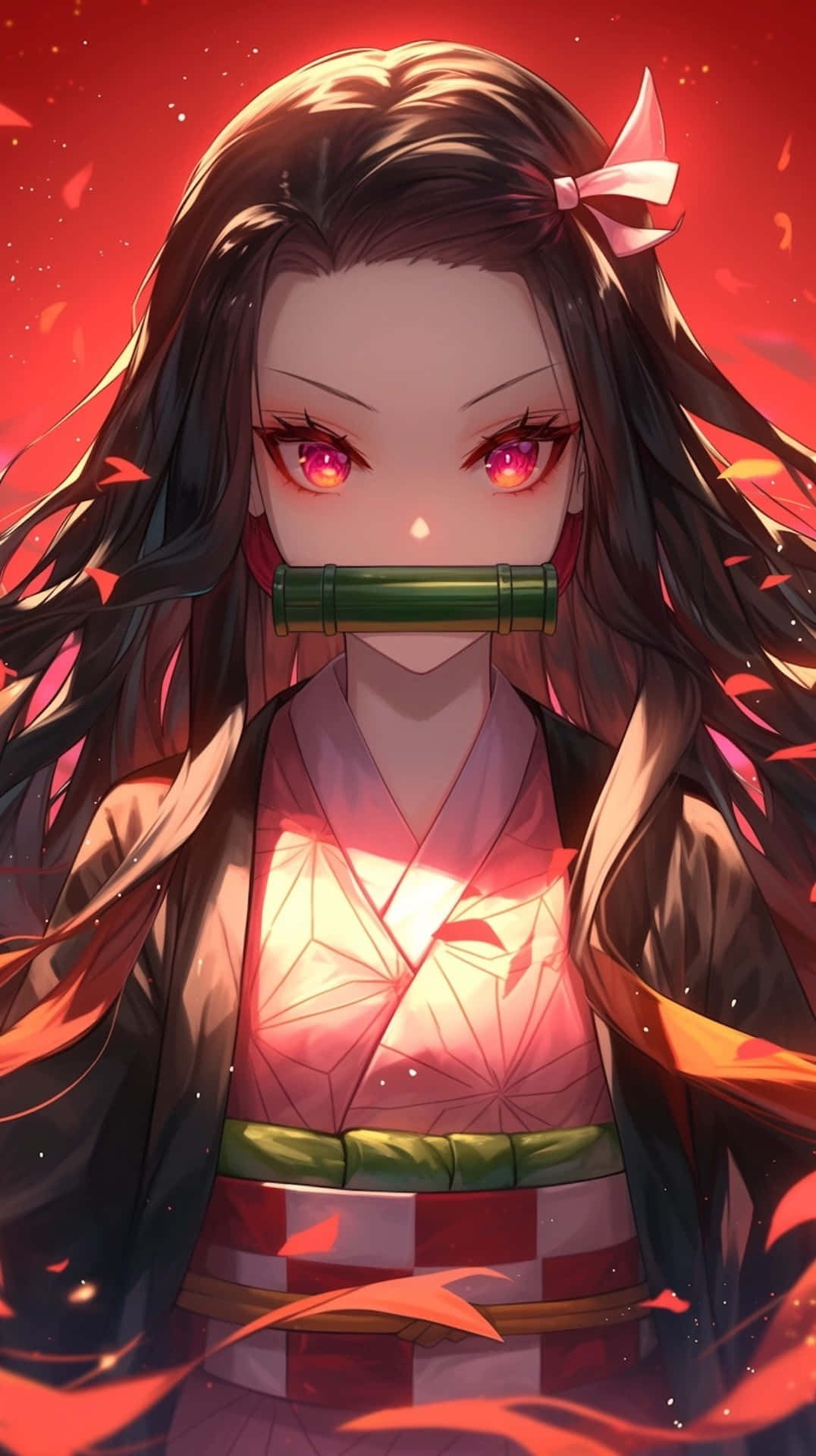 Nezuko Demon Form, fiery red-haired, glowing pink eyes, Full HD Phone Wallpaper