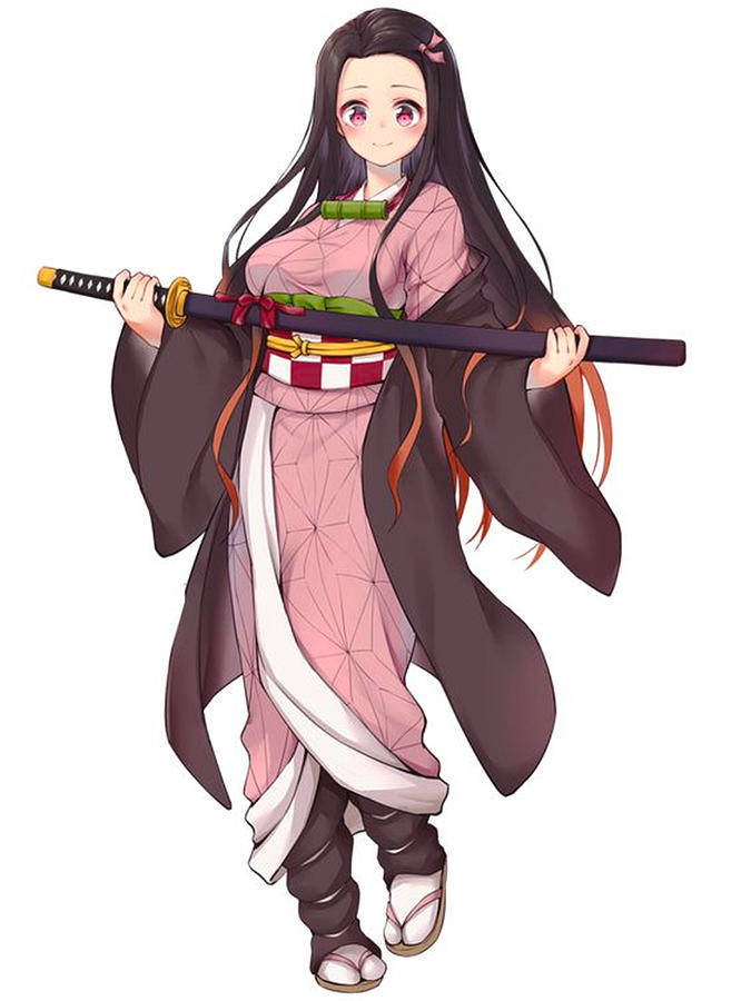 Nezuko, katana, pink and brown kimono, SD Phone Wallpaper