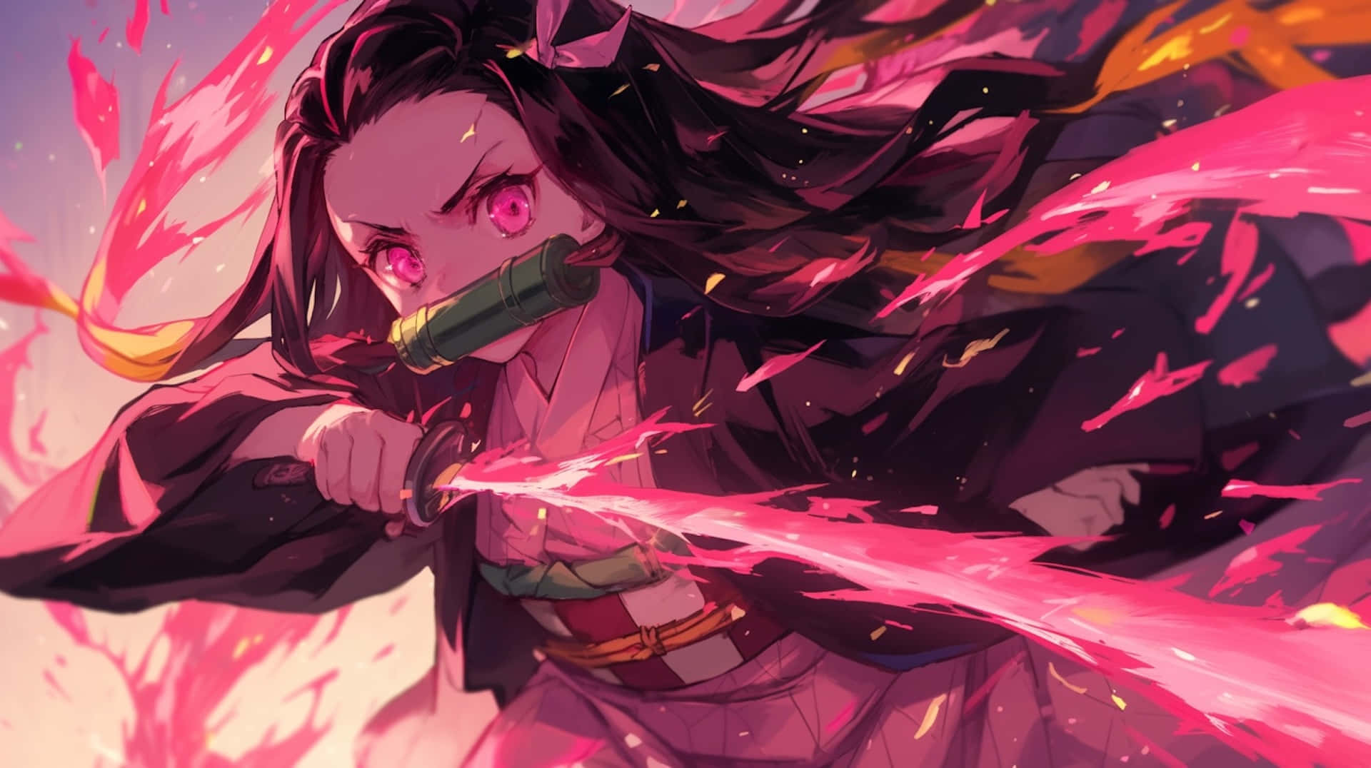 Nezuko Demon Form, glowing pink eyes, flowing dark hair, Full HD Desktop Wallpaper