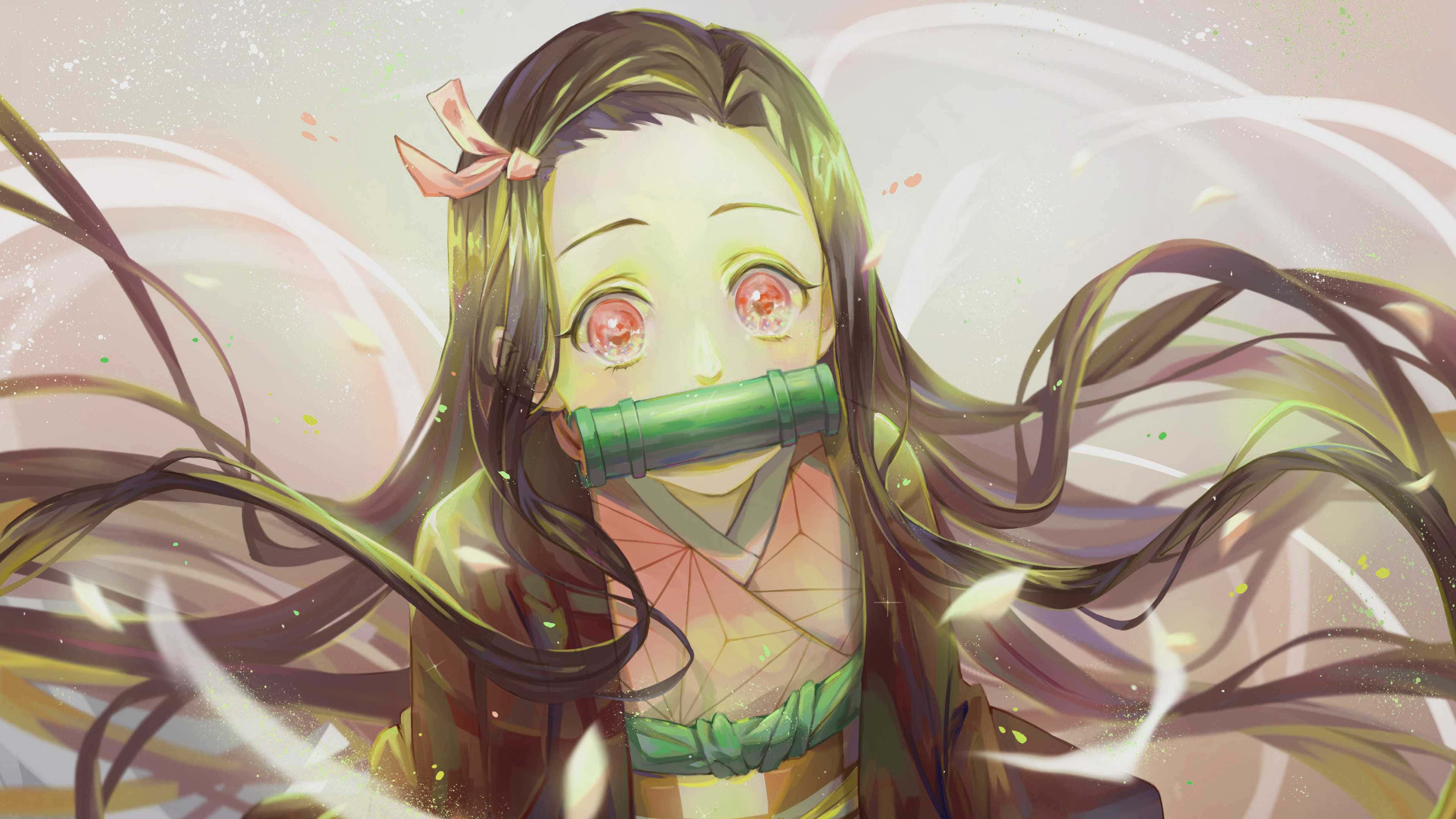 Nezuko, glowing red eyes, flowing dark hair, 4K Desktop Wallpaper