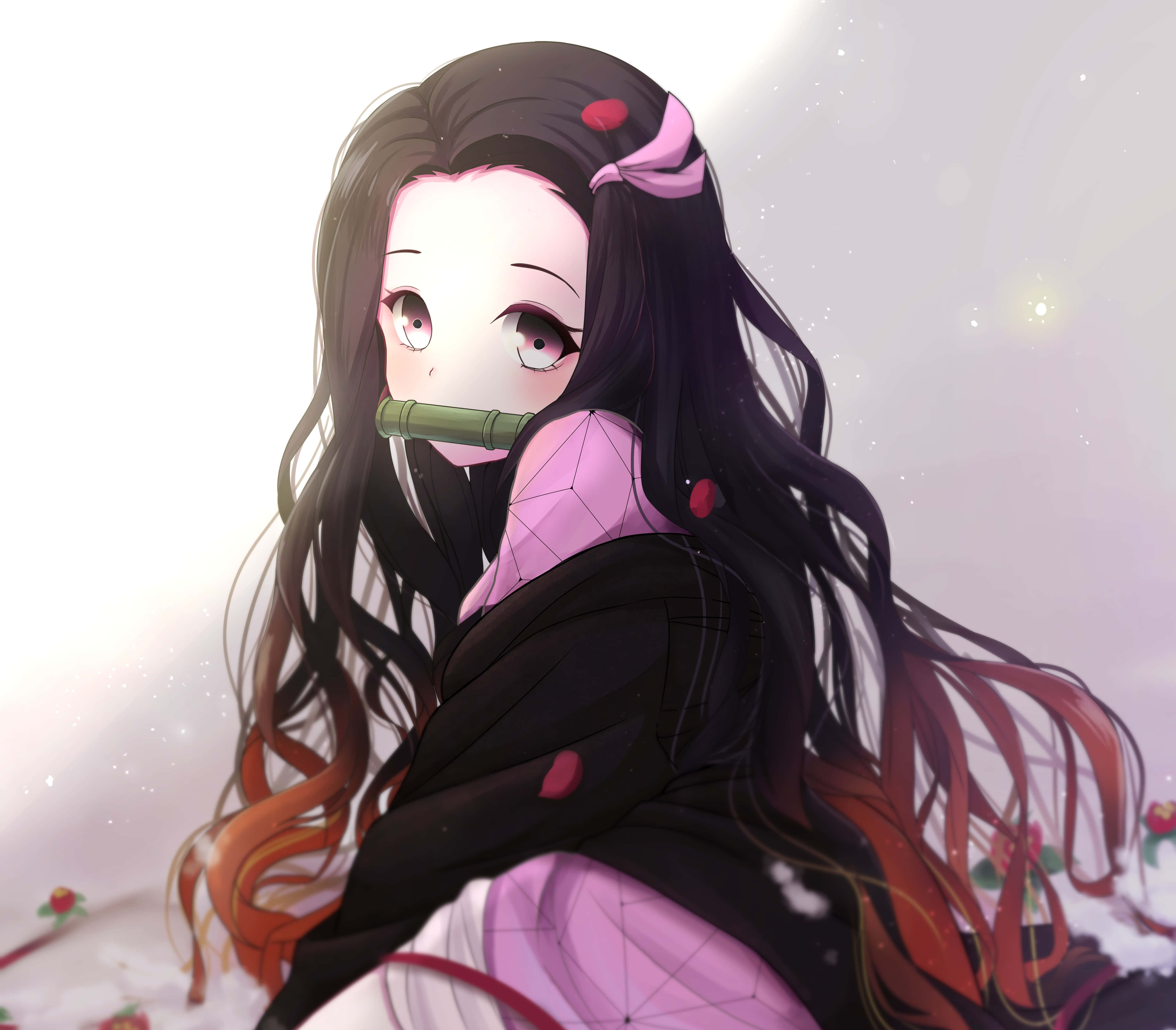 Nezuko, bamboo flute, pink bow, 4K Desktop Wallpaper