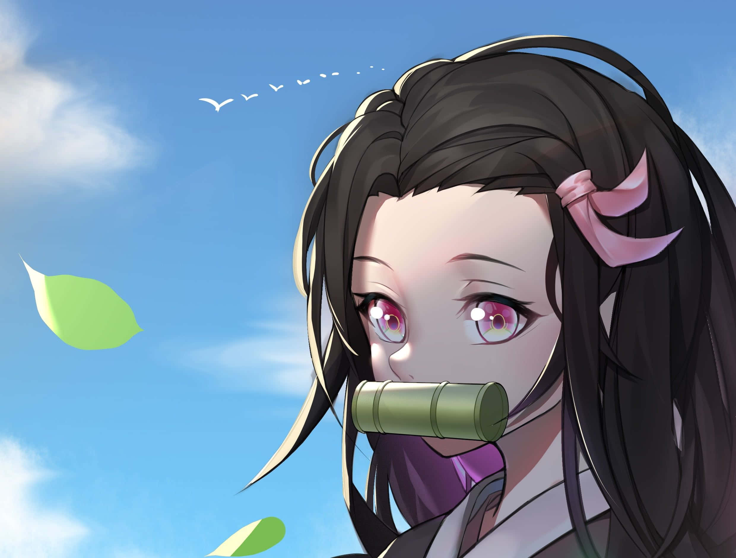 Nezuko, bamboo flute, dark hair, Full HD Desktop Wallpaper