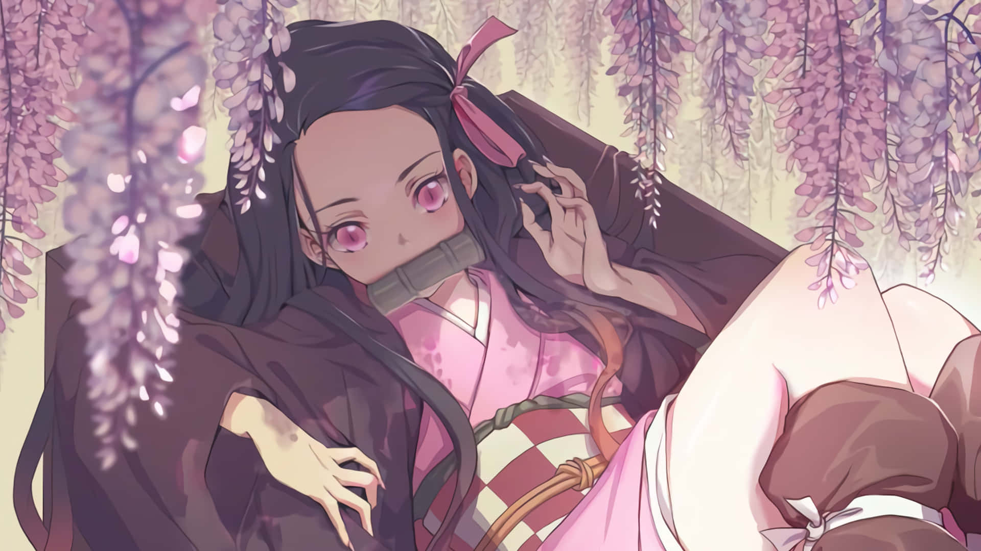 Nezuko, pink kimono, wisteria blossoms, Full HD Desktop Wallpaper