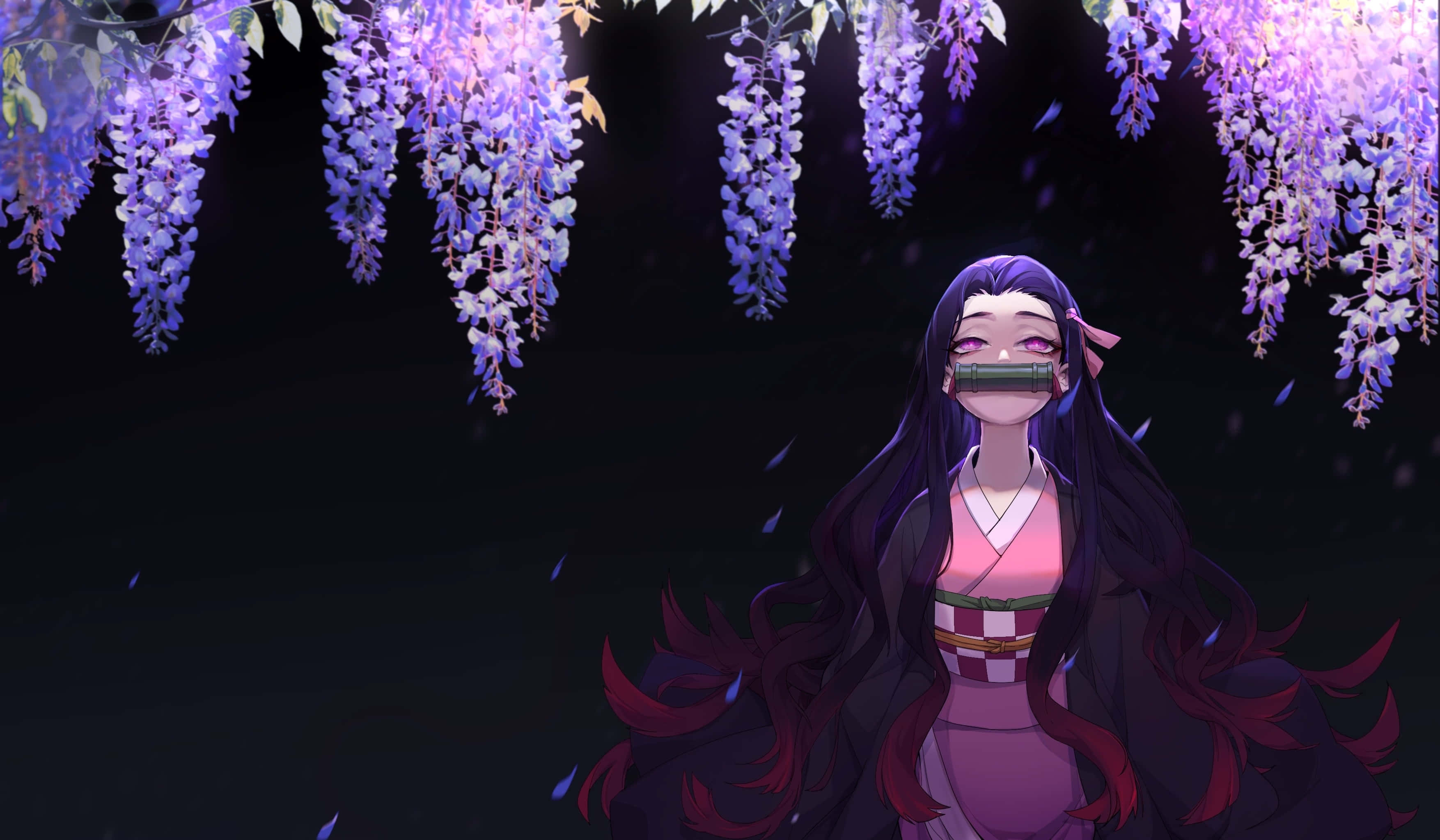 Nezuko, pink kimono, glowing purple wisteria blossoms, 2K Desktop Wallpaper