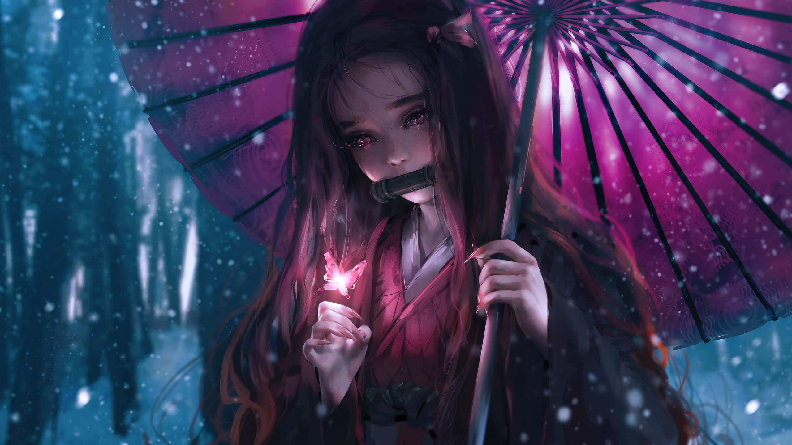 Nezuko, glowing pink butterfly, purple umbrella, 2K Desktop Wallpaper