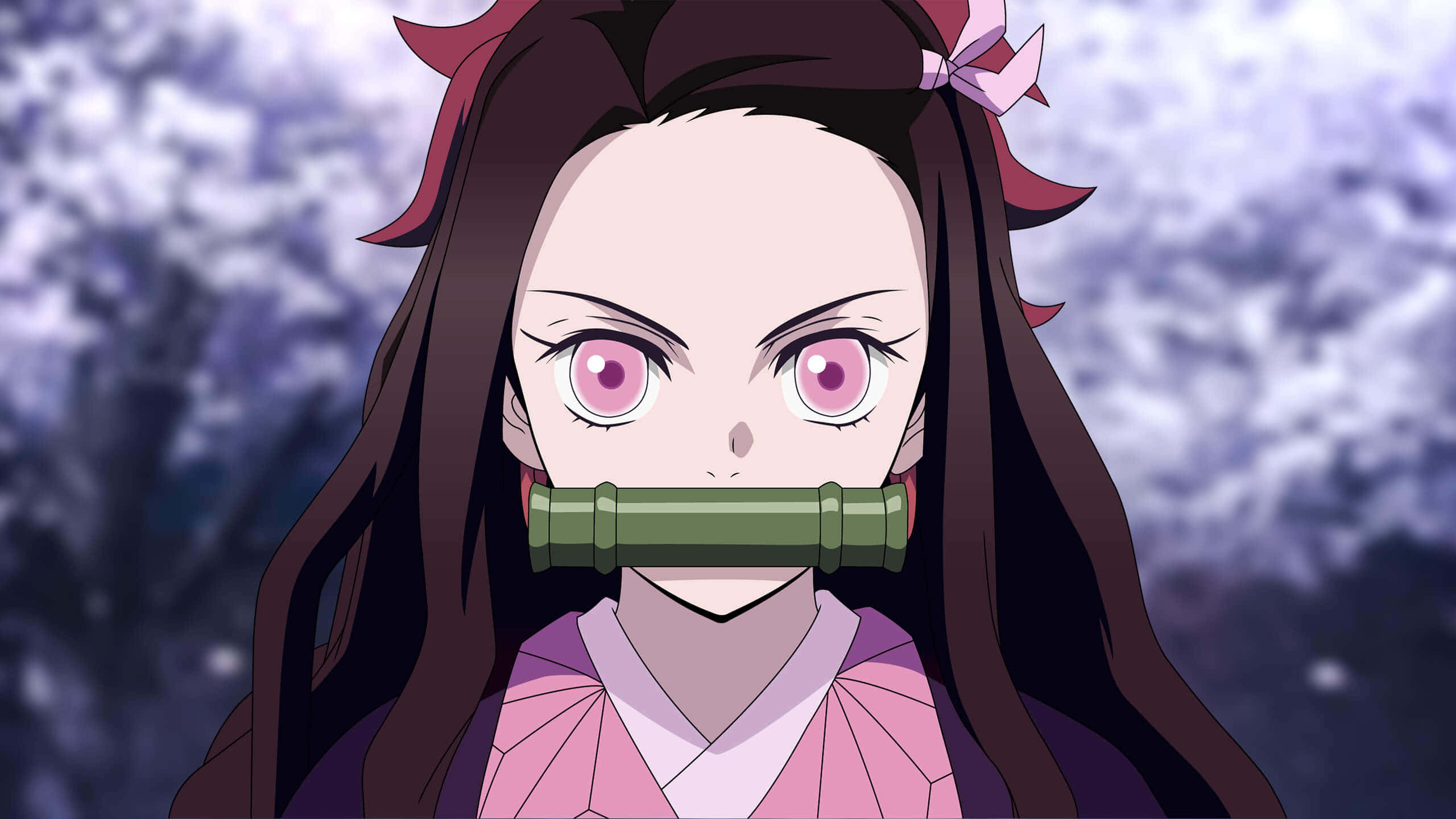 Nezuko, pink eyes, dark hair, 2K Desktop Wallpaper