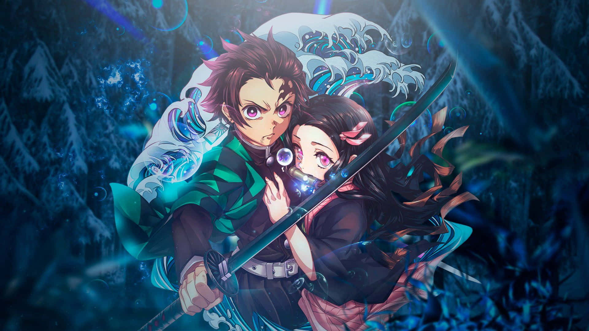 Nezuko, anime characters, glowing swords, Full HD Desktop Wallpaper