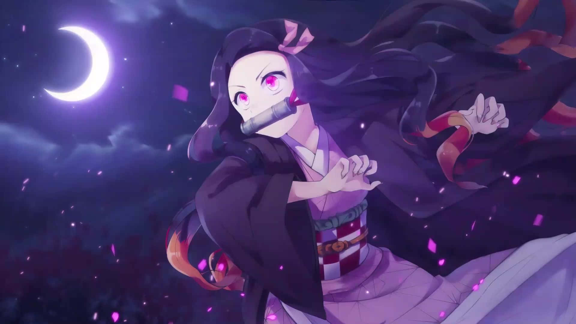 Nezuko Desktop, pink eyes, dark hair, Full HD Desktop Wallpaper
