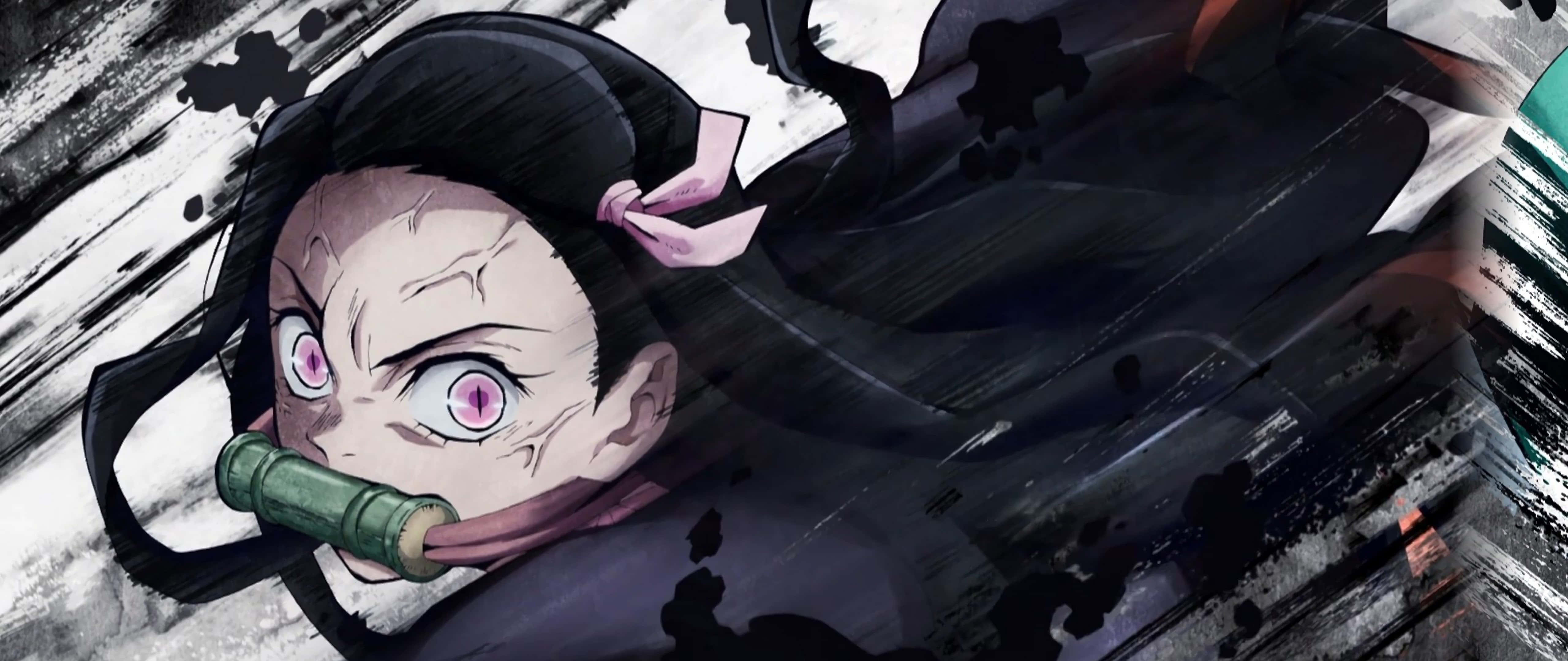 Nezuko, pink eyes, black hair streaked with pink ribbons, 5K Desktop Wallpaper