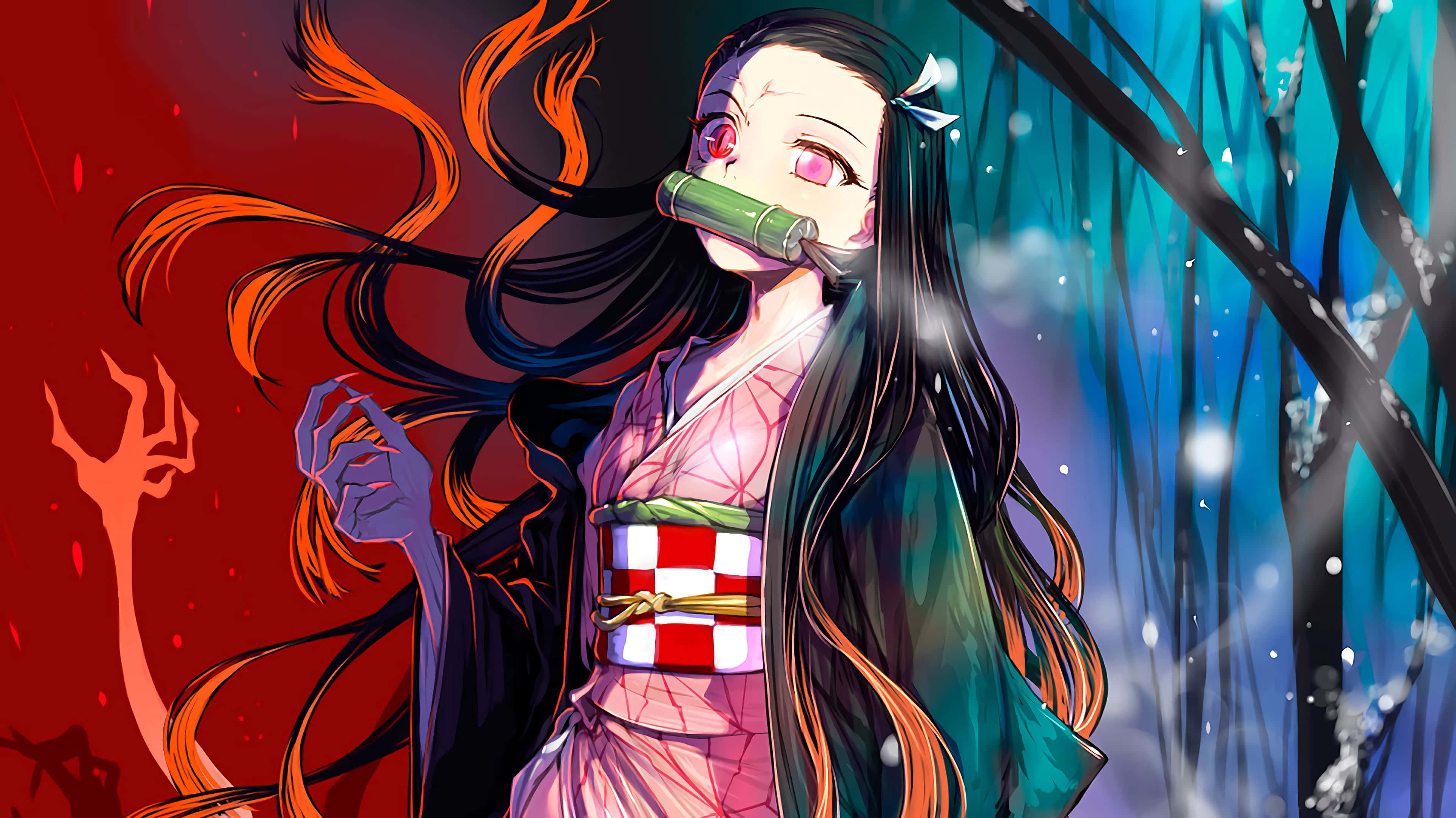 Nezuko, pink kimono, bamboo gag, 4K Desktop Wallpaper