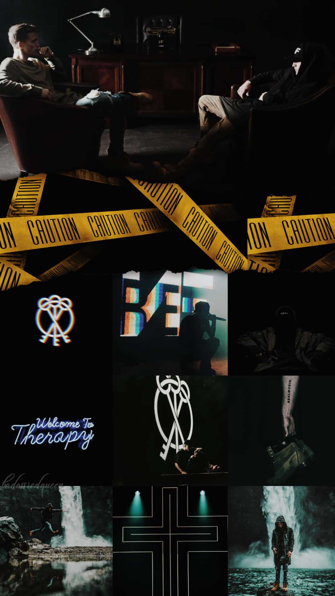 Nf Rapper, therapy-themed imagery, caution tape, Full HD Phone Wallpaper