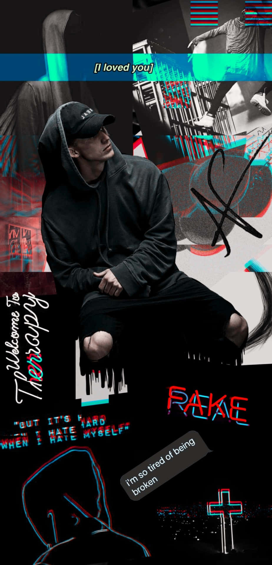NF the Rapper, black hoodie, glitch art text, Full HD Phone Wallpaper