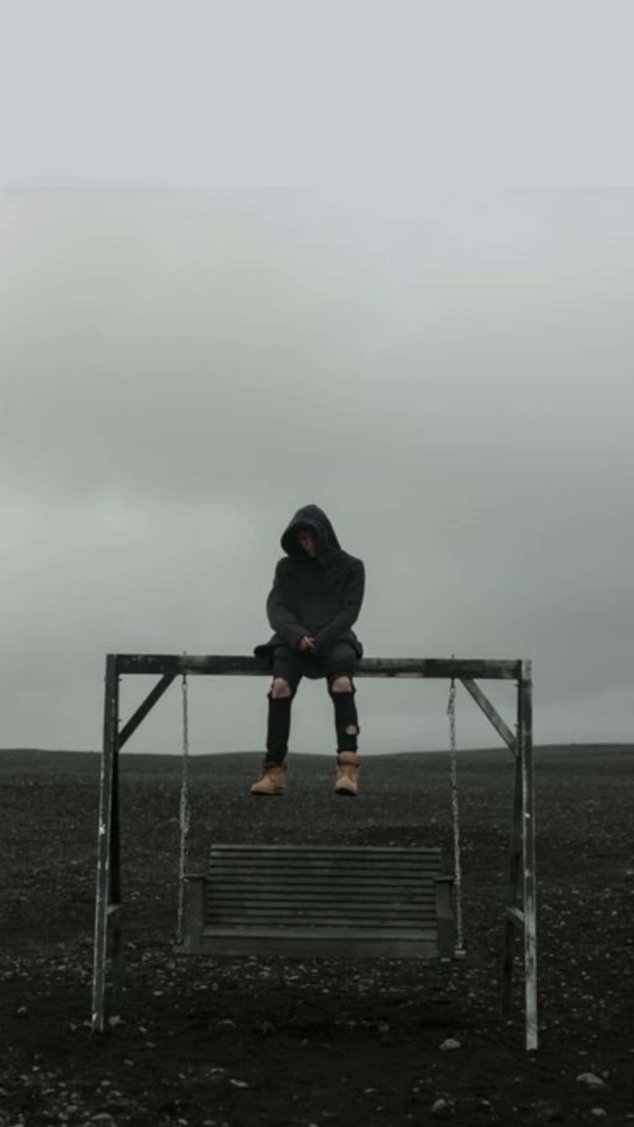 Nf Rapper, hooded figure, rusted swing set, Full HD Phone Wallpaper