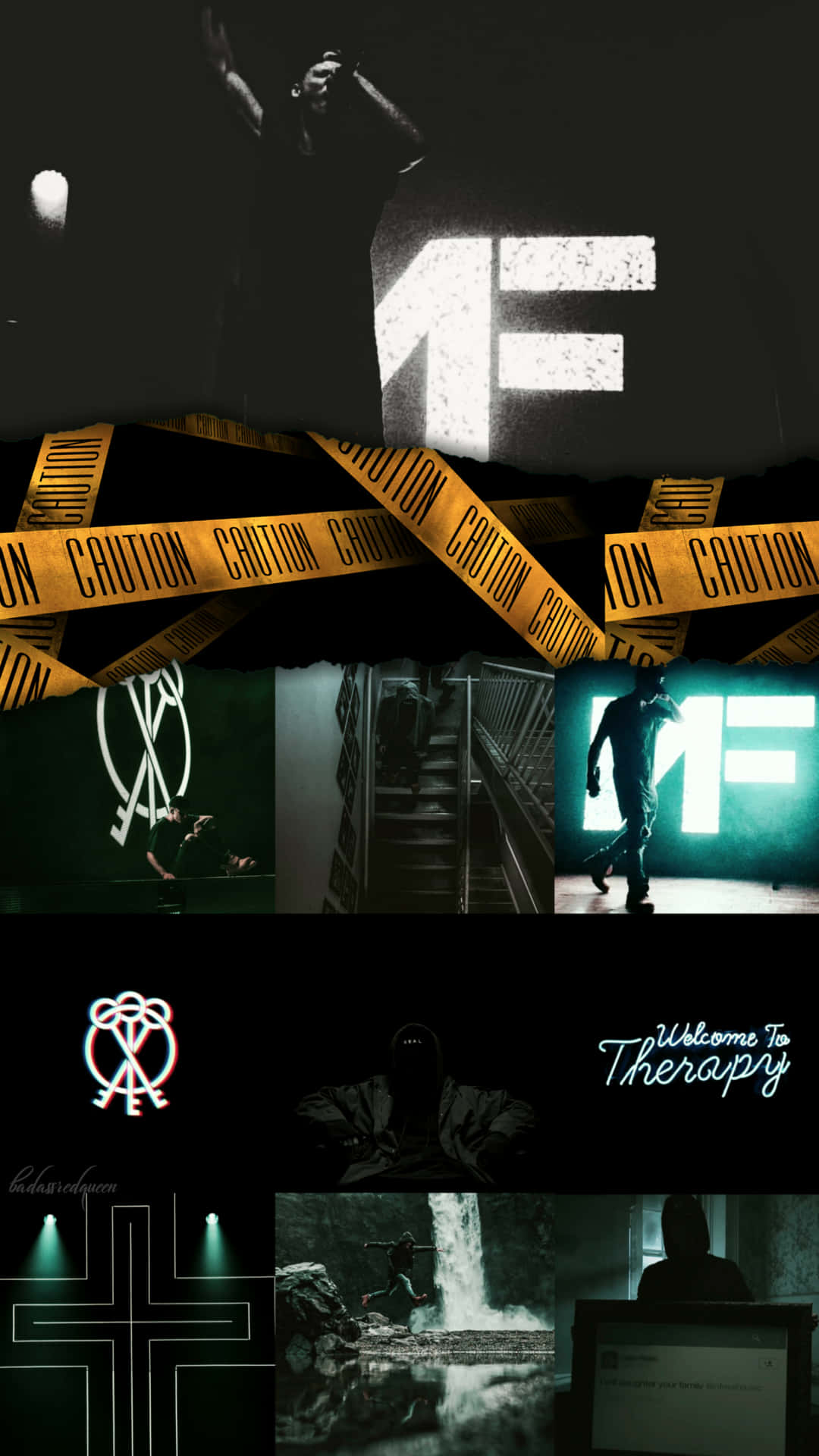NF Rapper, caution tape, glowing MF logos, Full HD Phone Wallpaper
