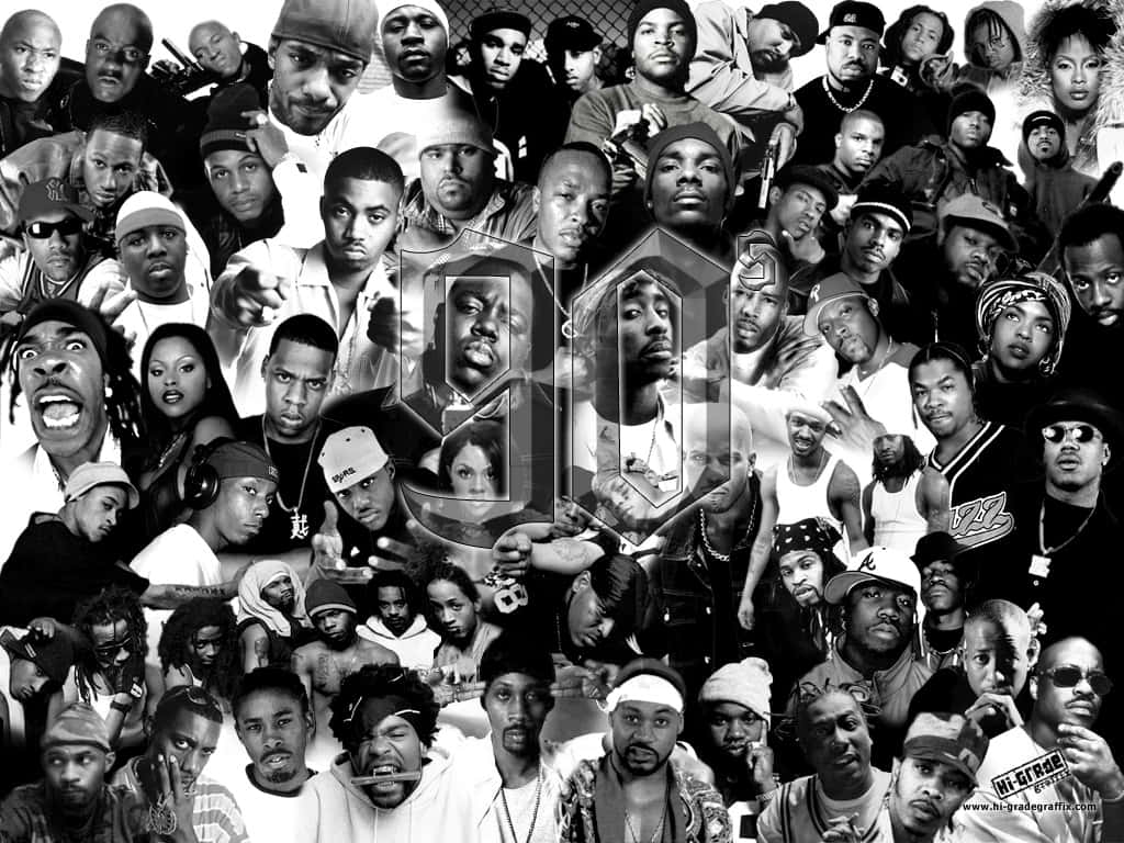 90s hip hop artists, black and white collage, central '90s logo, SD Desktop Wallpaper