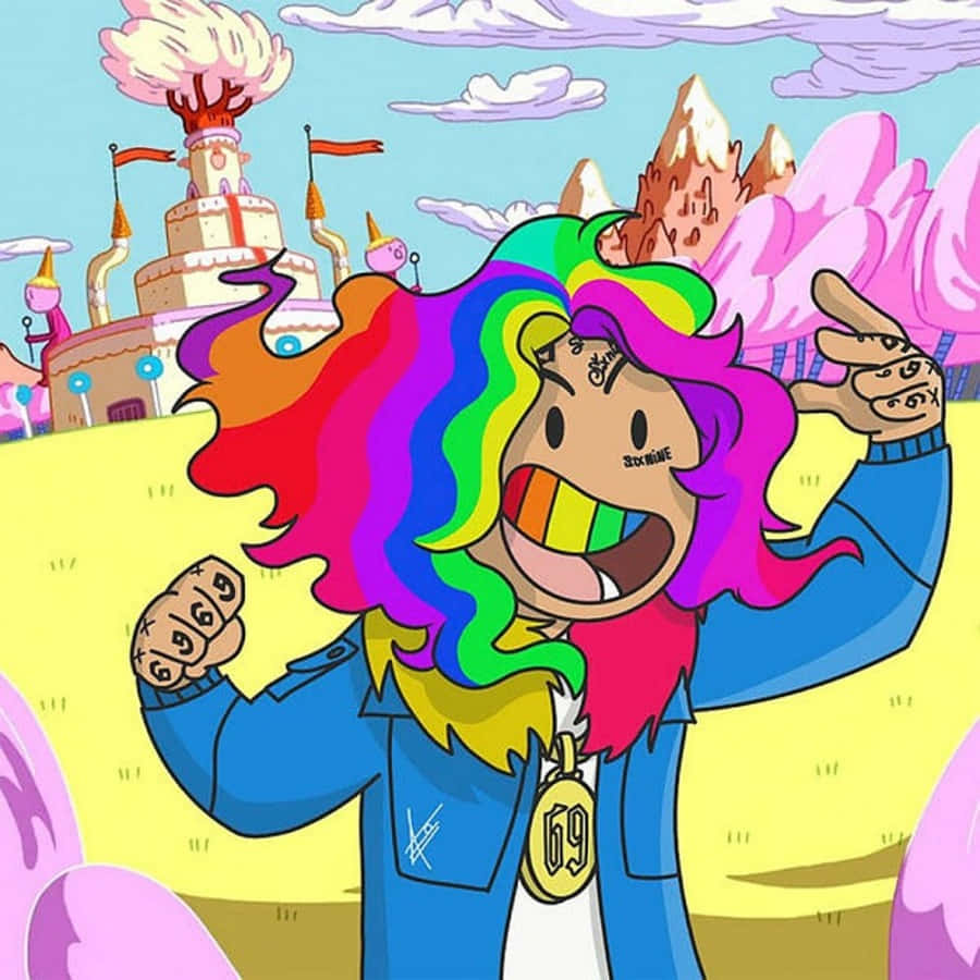 69 rapper, red-leather ensemble, rainbow hair, SD Desktop Wallpaper