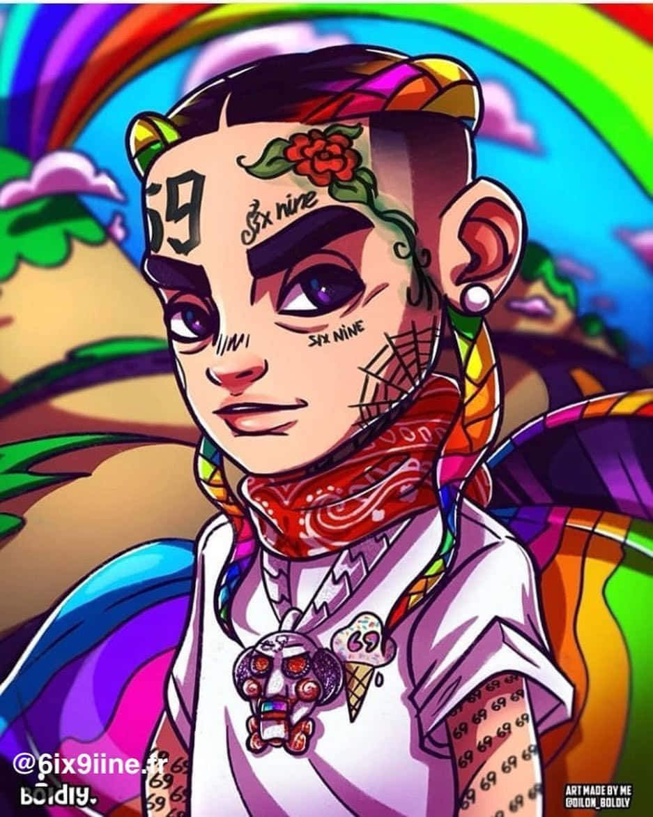 69 Rapper, anime-style character, rainbow background, SD Phone Wallpaper