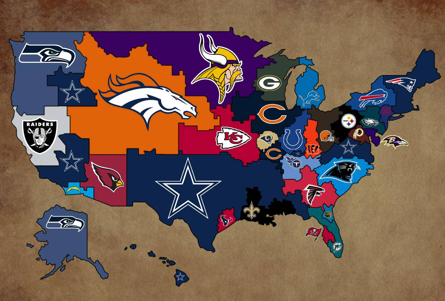 NFL Teams, vintage textured map of the USA, each state colored, HD Desktop Wallpaper