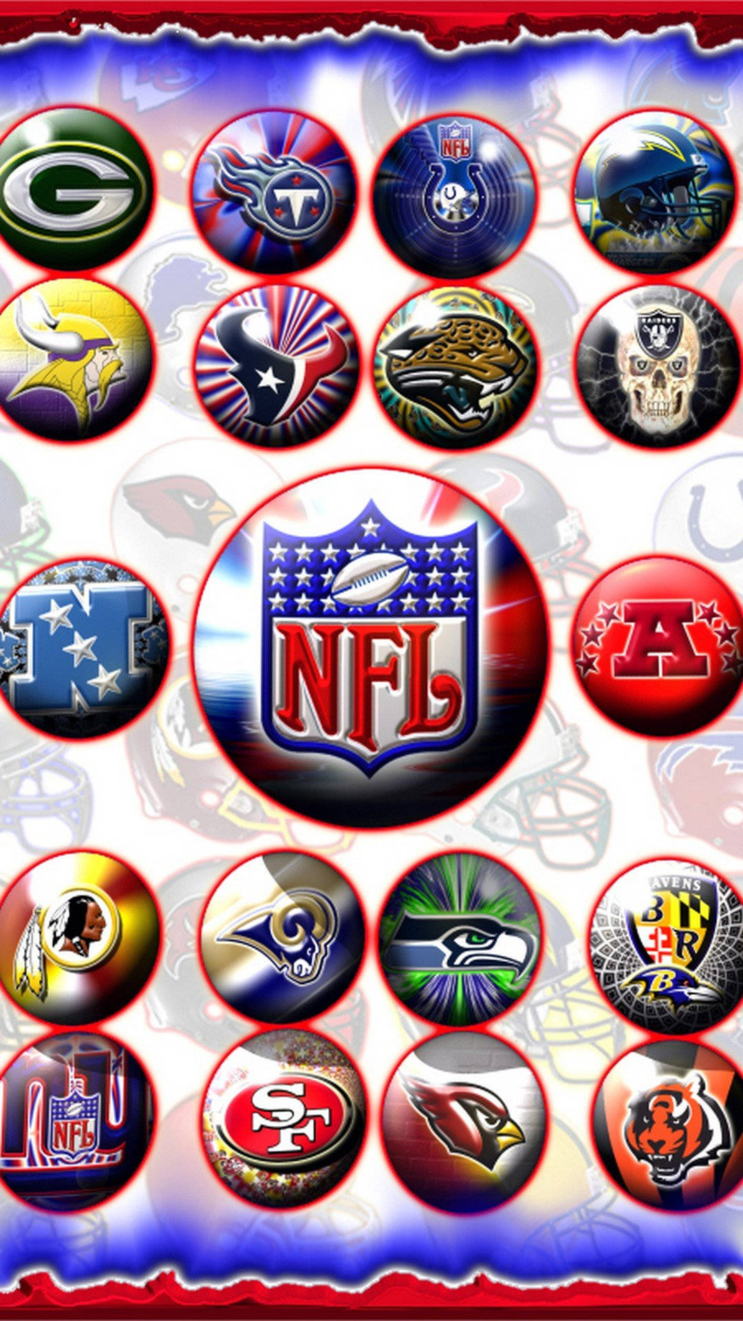 NFL, circular NFL team logos, blue and red background, Full HD Phone Wallpaper