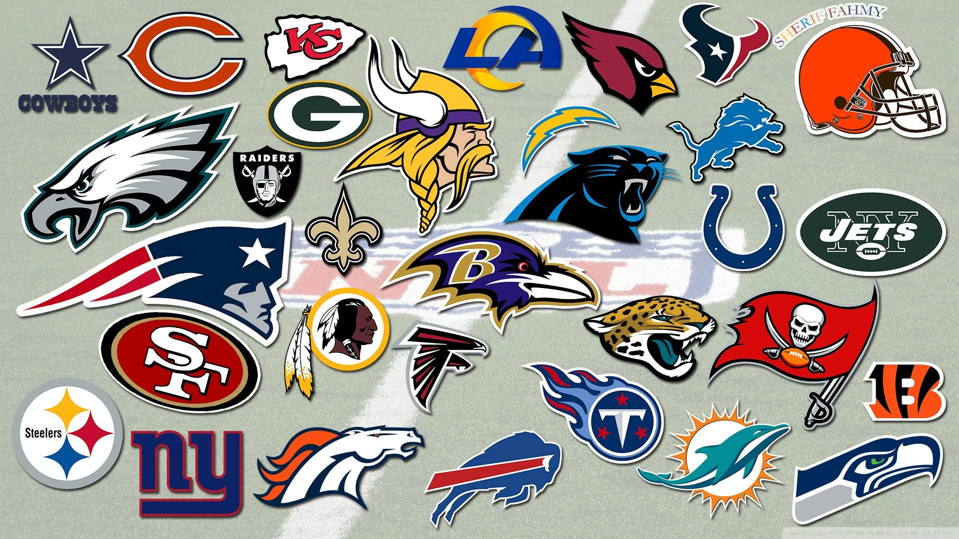 NFL Teams, NFL team logos, gray background, Full HD Desktop Wallpaper