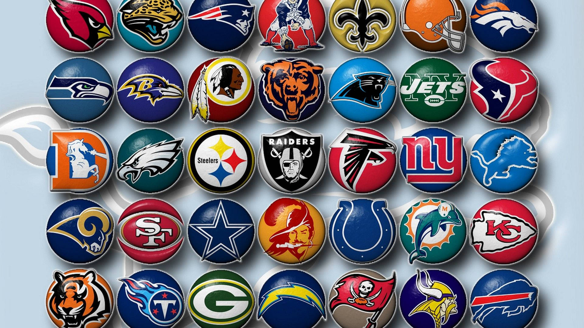 NFL teams, shiny NFL team logo pins, light blue background, Full HD Desktop Wallpaper
