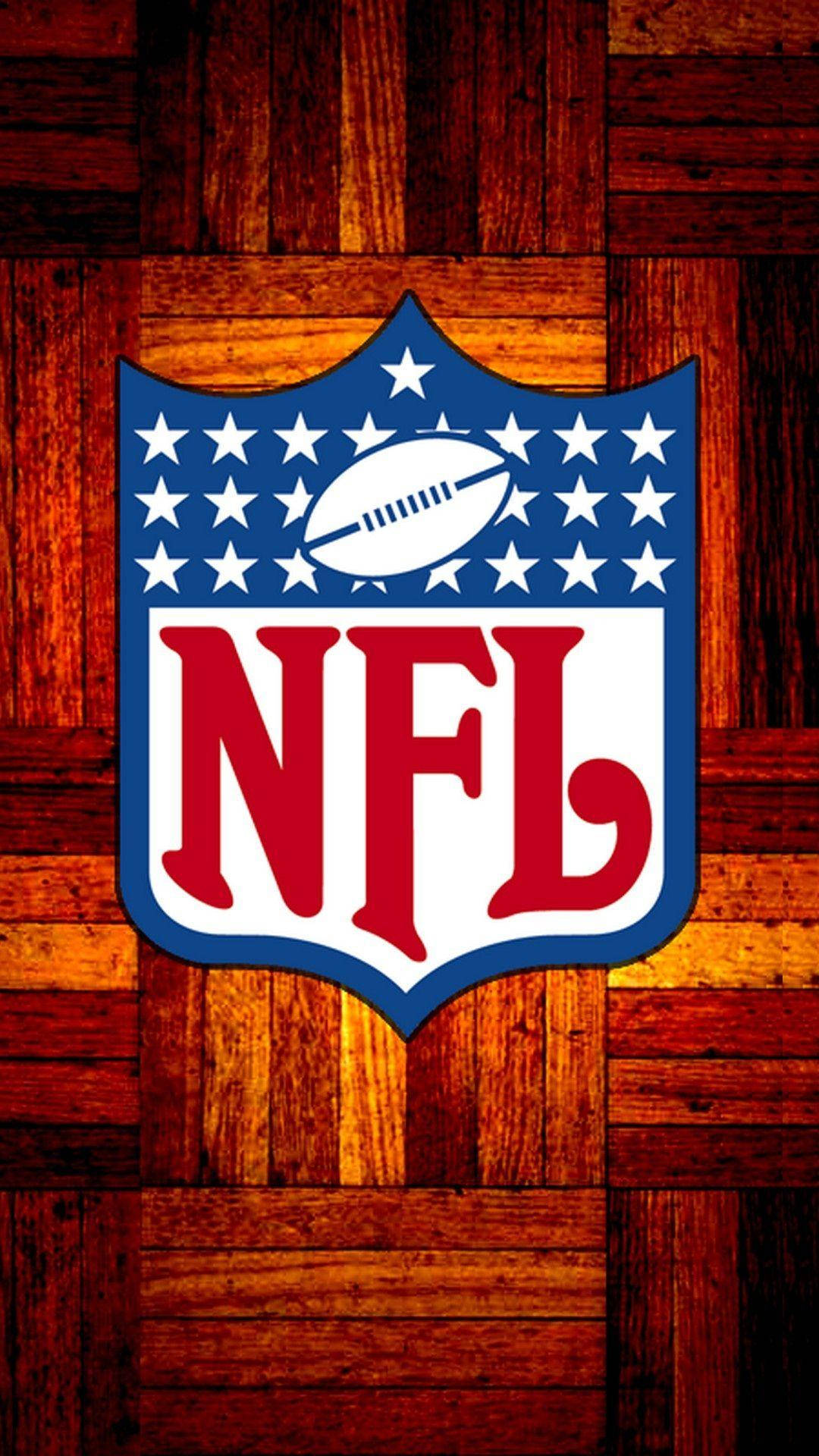 NFL, red white and blue shield, warm rustic wooden plank, Full HD Phone Wallpaper