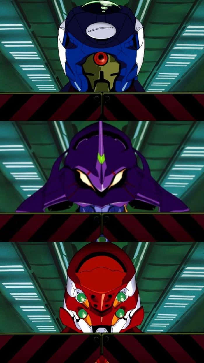 NGE, anime mecha helmets, neon-lit corridor, SD Phone Wallpaper