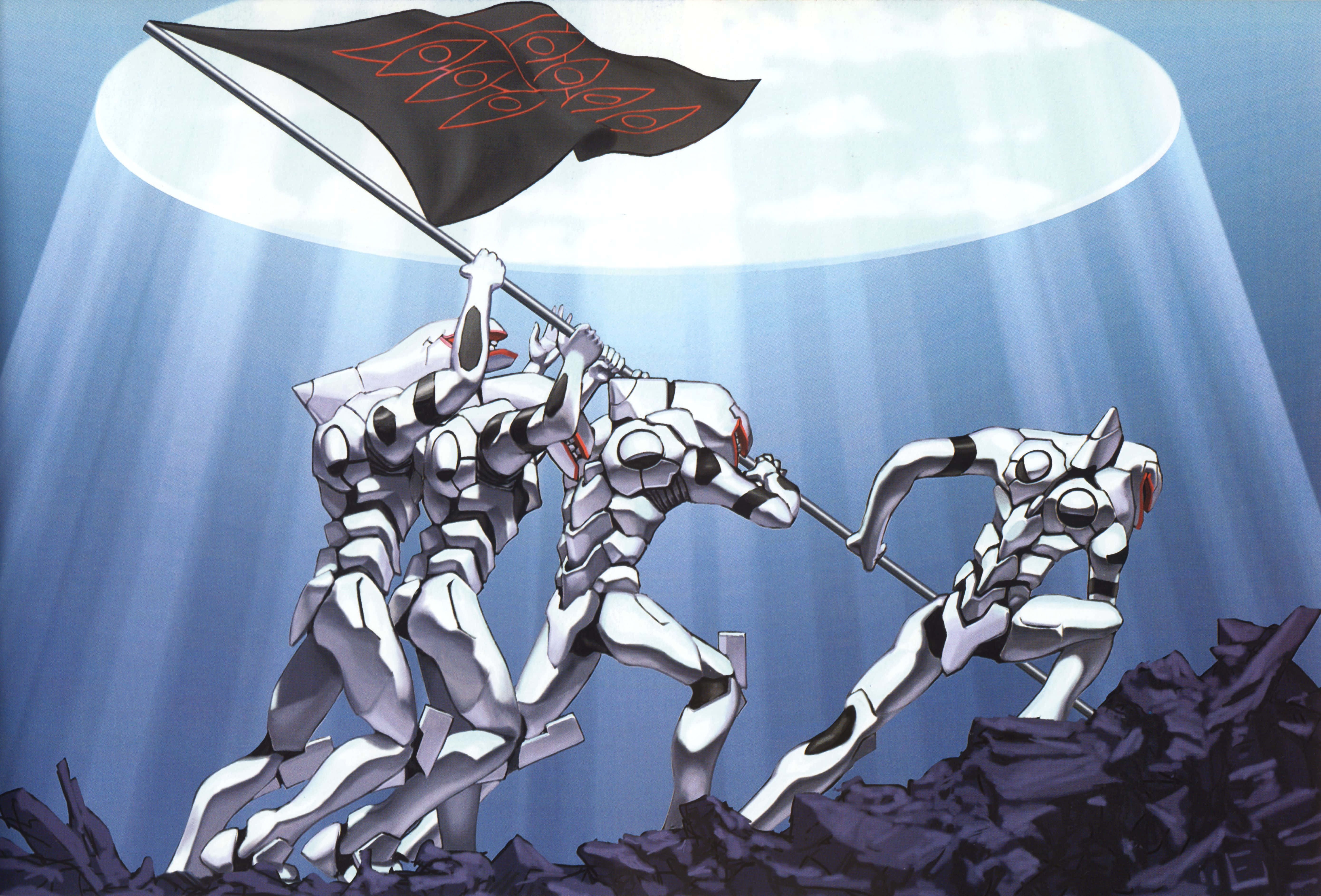 NGE, white biomechanical warriors, black flag, 5K Desktop Wallpaper