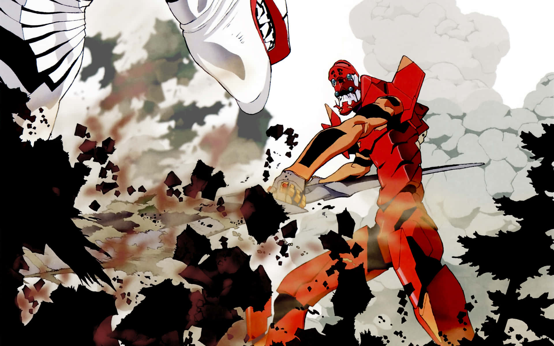 NGE, red armored mecha, giant white skull monster, Full HD Desktop Wallpaper