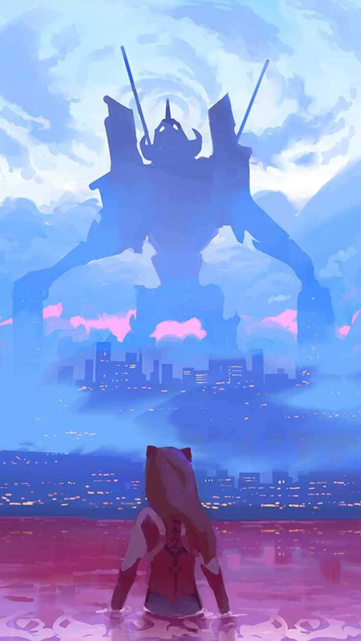 NGE, anime girl with cat ears, colossal mecha silhouette, HD Phone Wallpaper