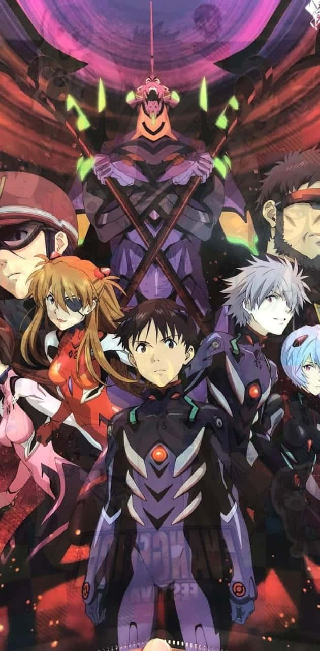 anime characters, purple and red mecha suits, towering biomechanical entity, HD Phone Wallpaper