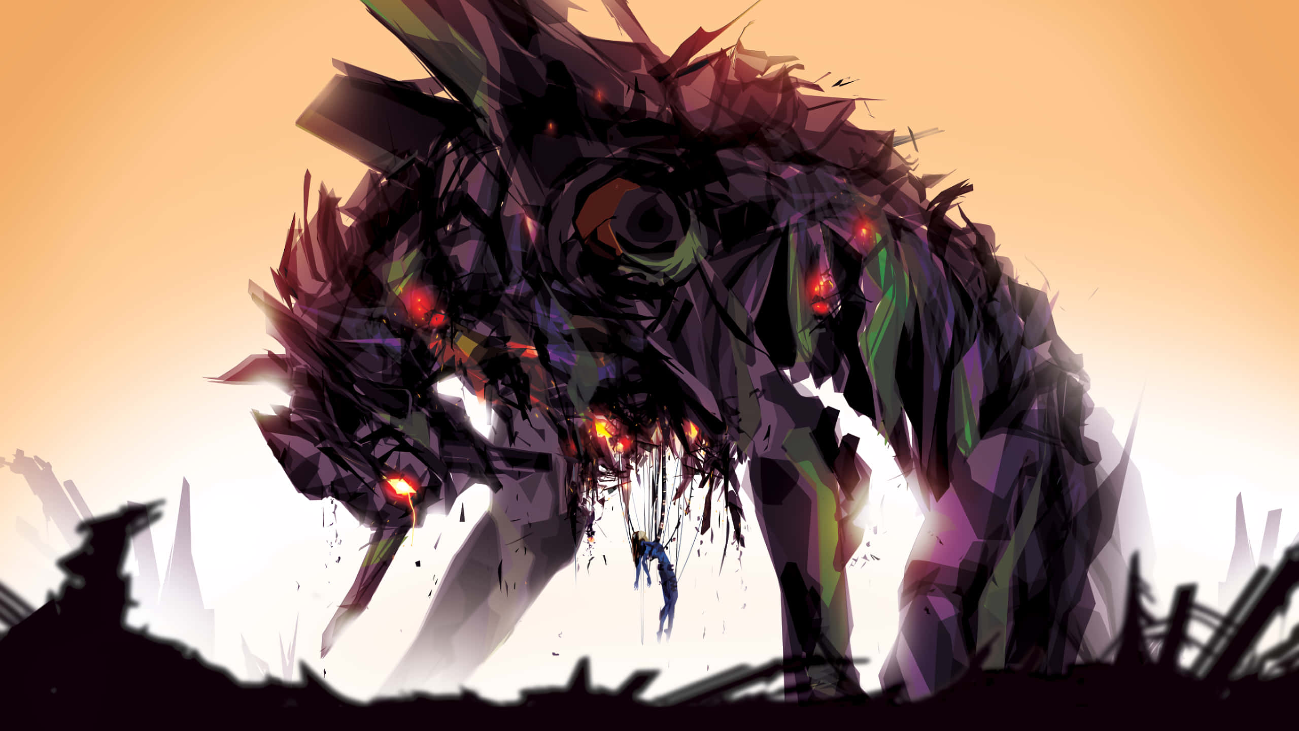NGE, colossal dark monster, glowing red eyes, 2K Desktop Wallpaper