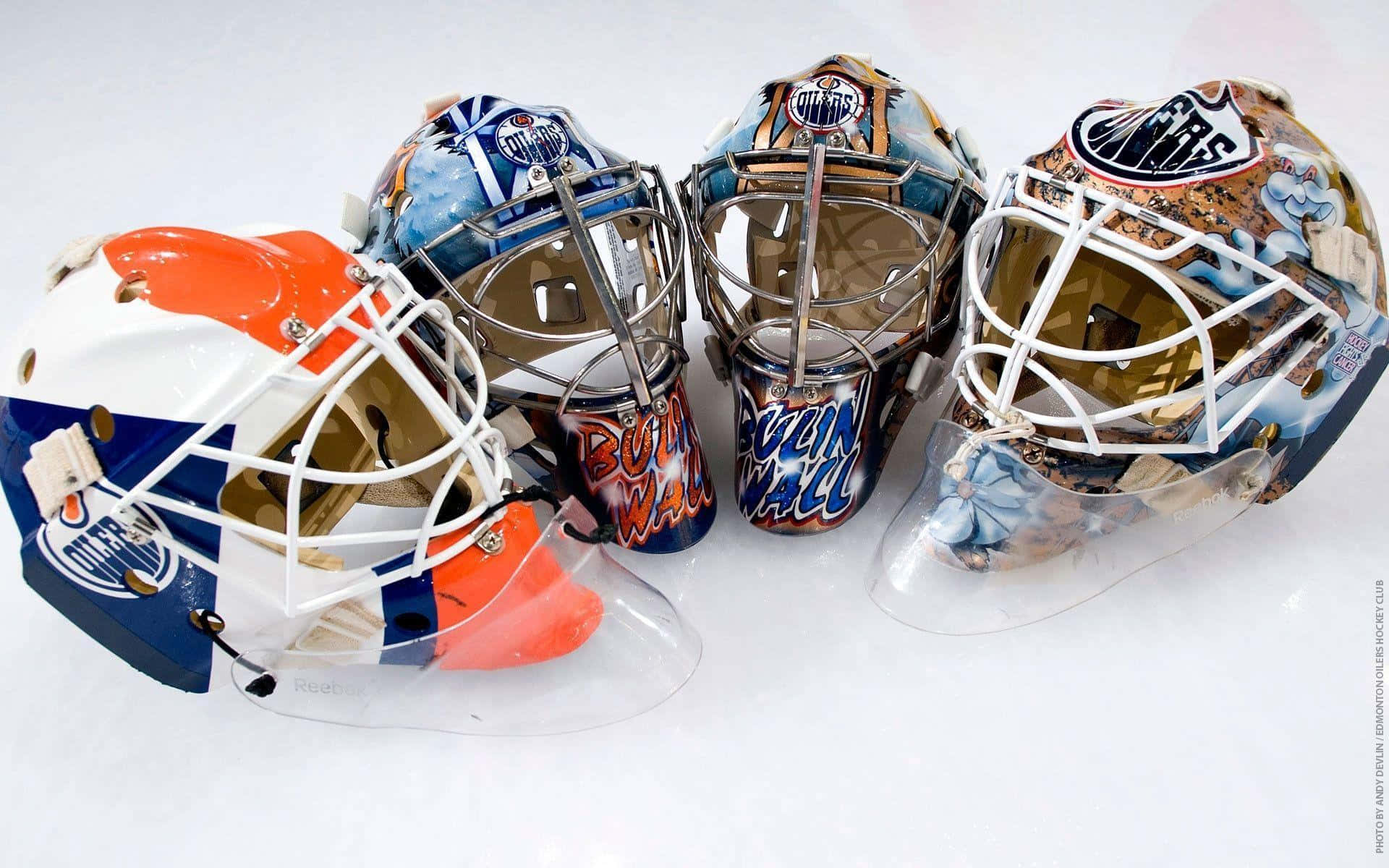 NHL, hockey goalie masks, team logos, Full HD Desktop Wallpaper