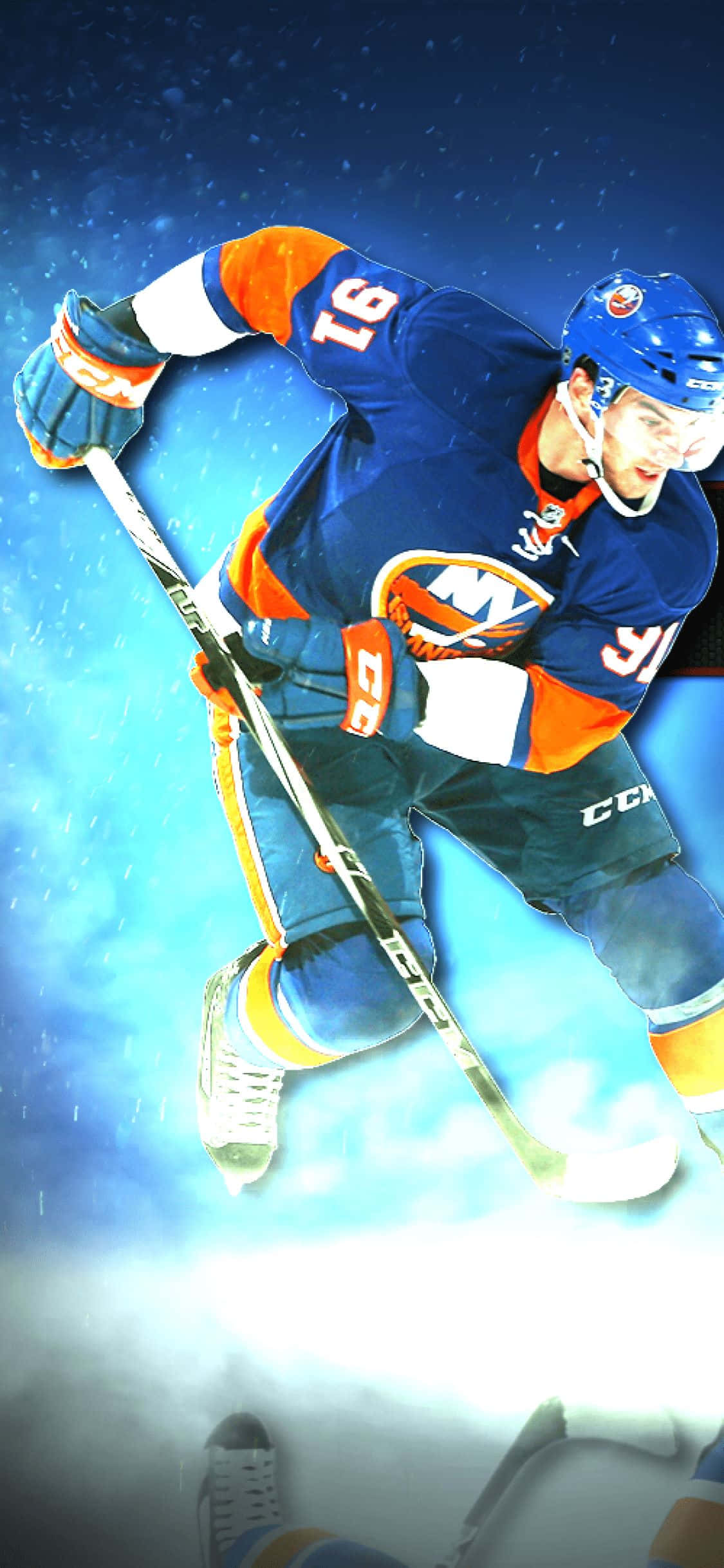 hockey player, blue and orange uniform, ice, Full HD Phone Wallpaper